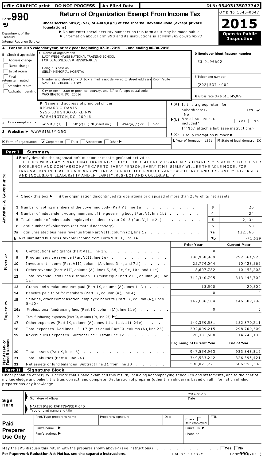 Image of first page of 2015 Form 990 for Sibley Memorial Hospital (SMH)