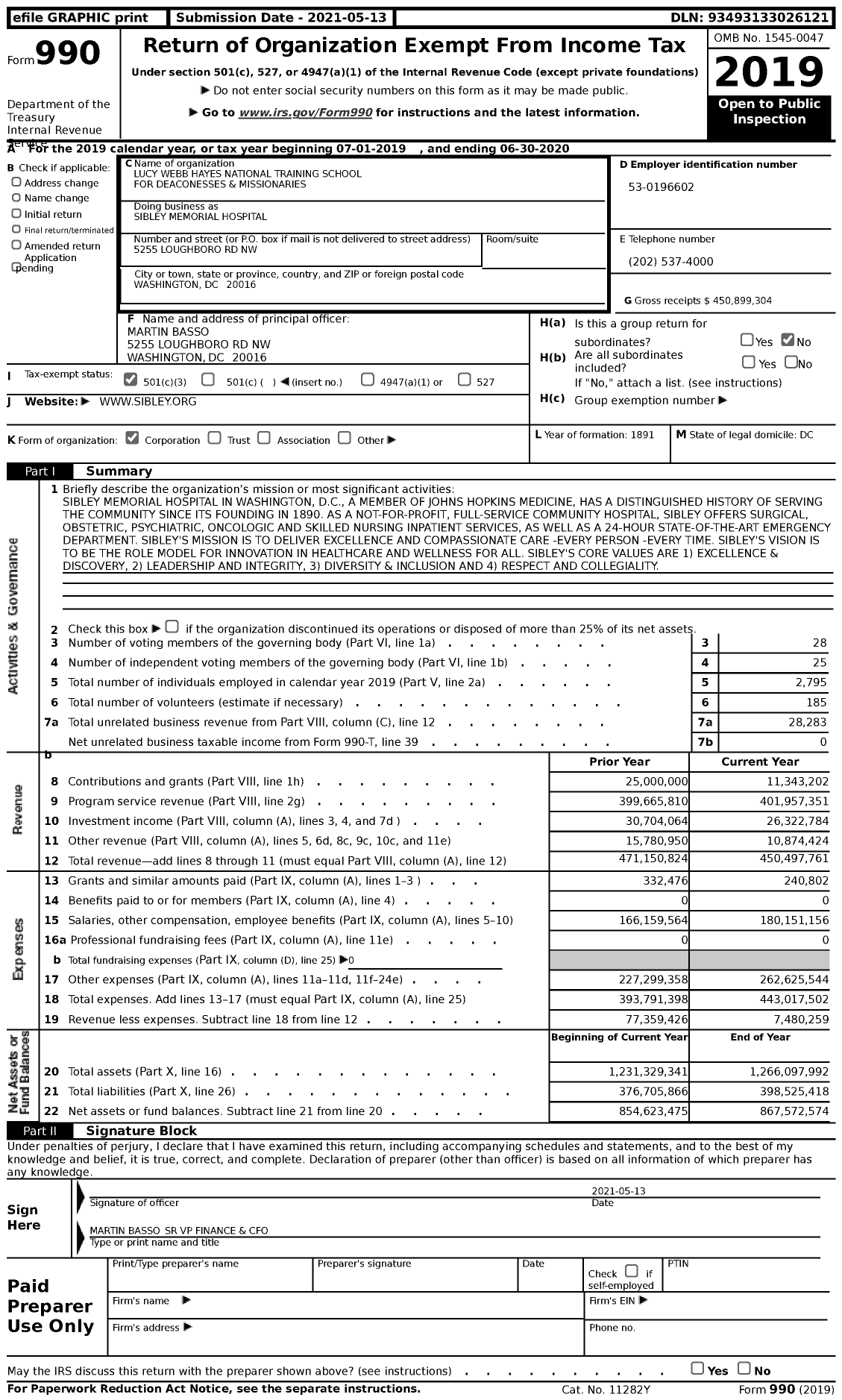 Image of first page of 2019 Form 990 for Sibley Memorial Hospital (SMH)