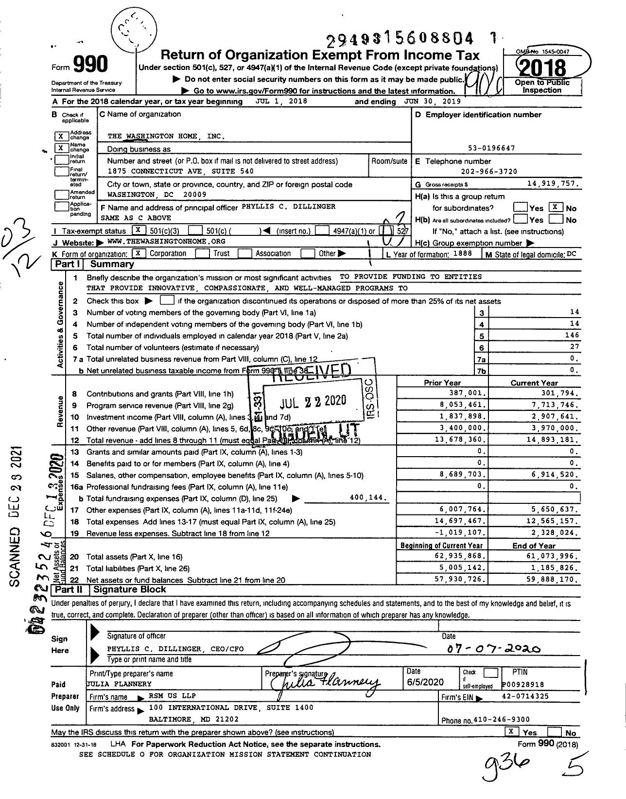 Image of first page of 2018 Form 990 for The Washington Home