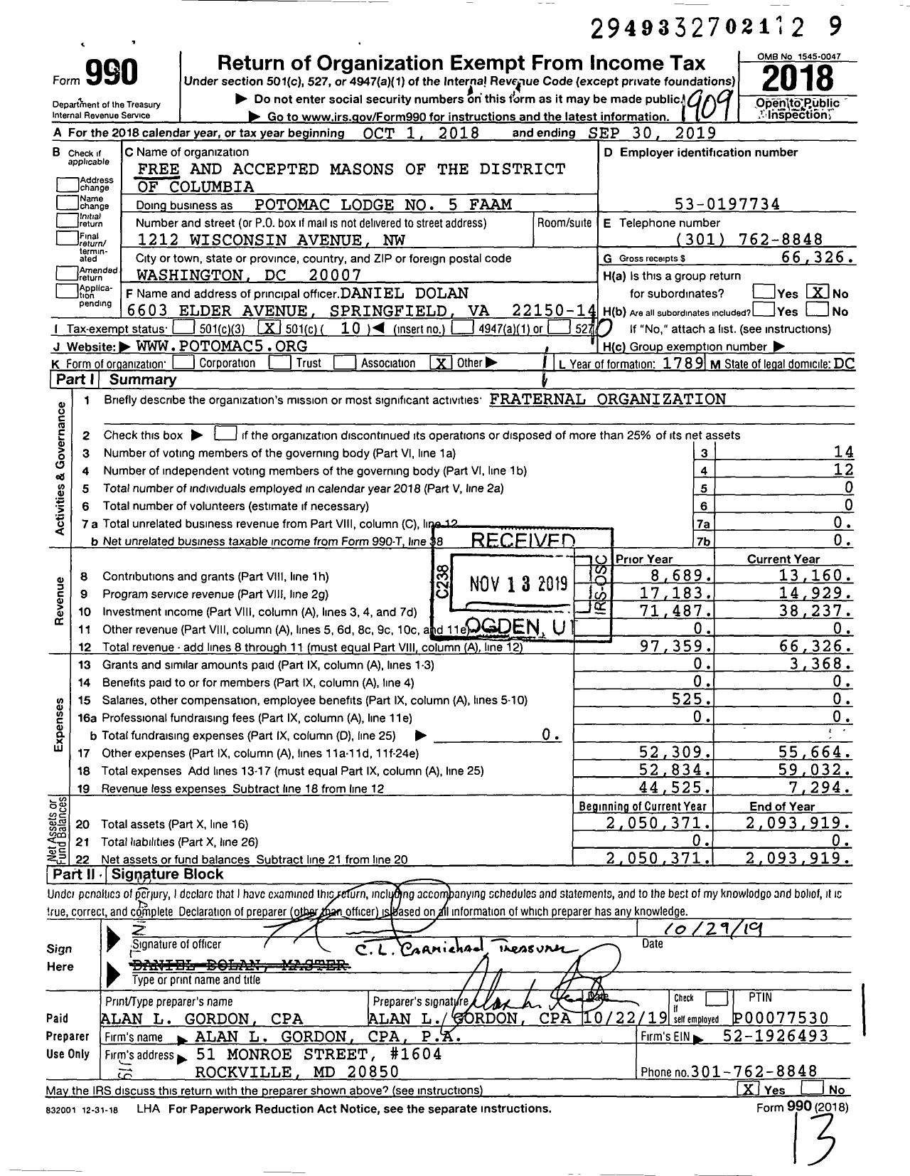 Image of first page of 2018 Form 990O for Free and Accepted Masons of the District of Columbia - Potomac Lodge No 5 Faam