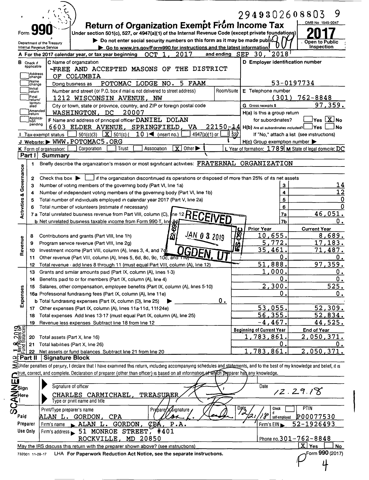 Image of first page of 2017 Form 990O for Free and Accepted Masons of the District of Columbia - Potomac Lodge No 5 Faam