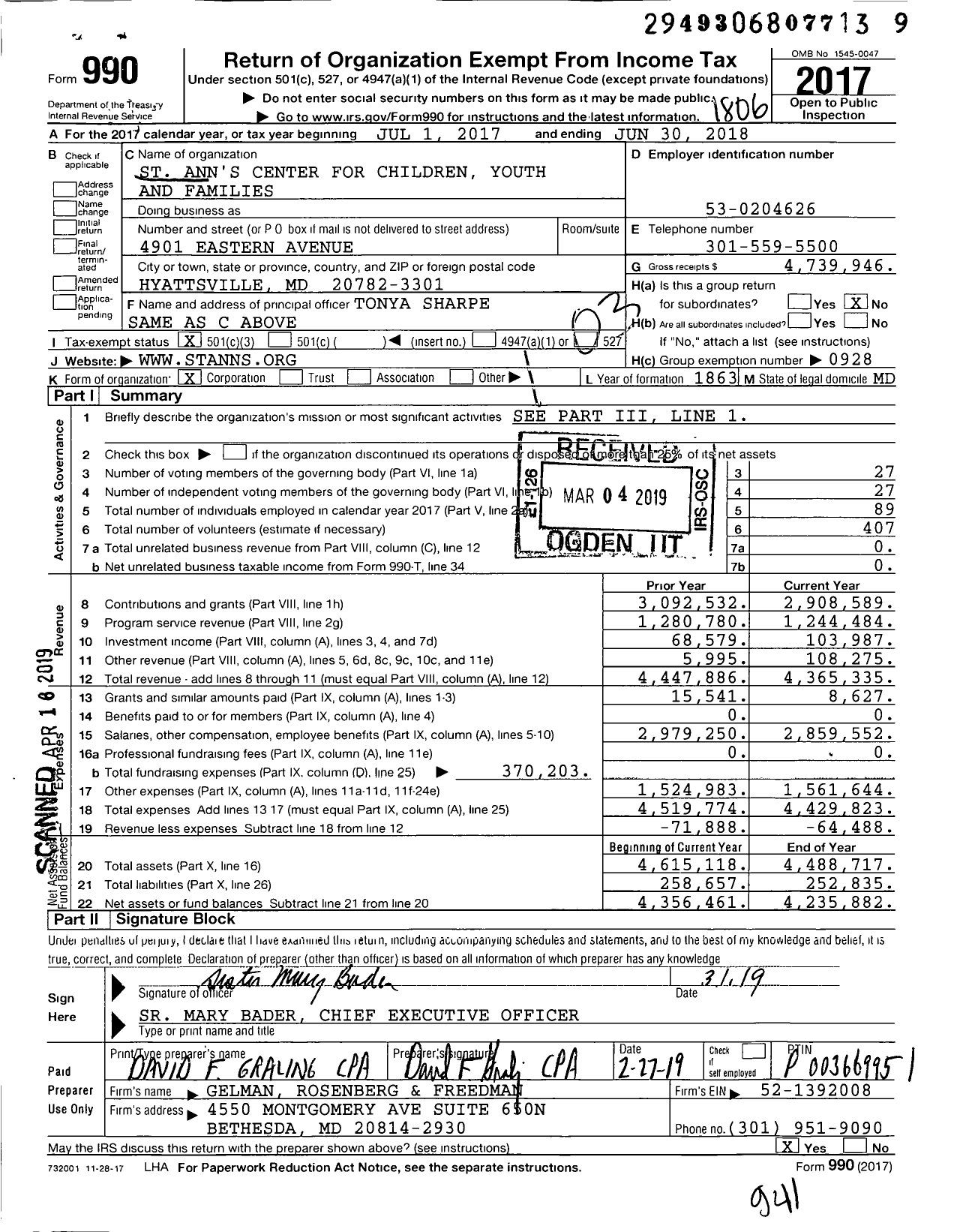 Image of first page of 2017 Form 990 for St Ann's Center for Children Youth and Families