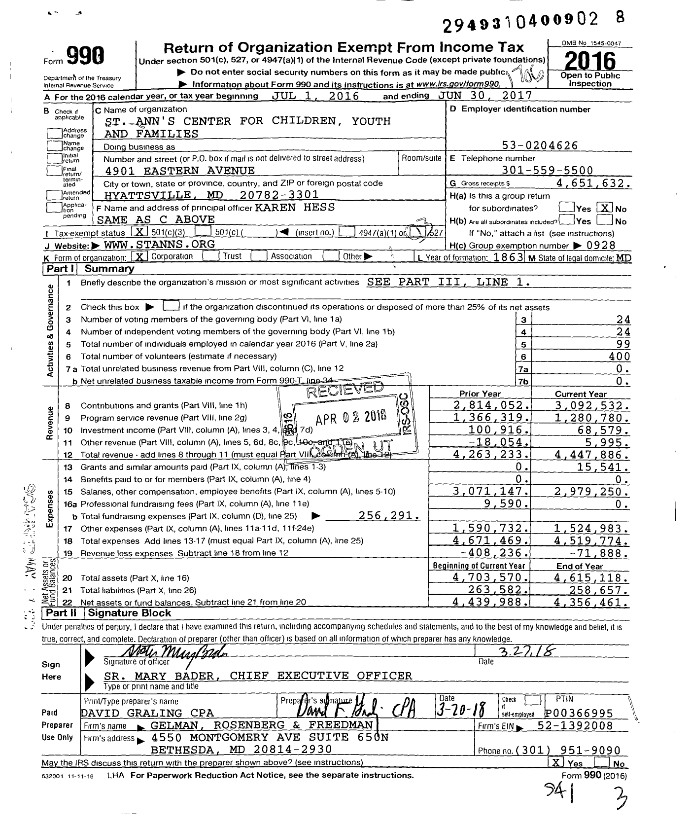Image of first page of 2016 Form 990 for St Ann's Center for Children Youth and Families