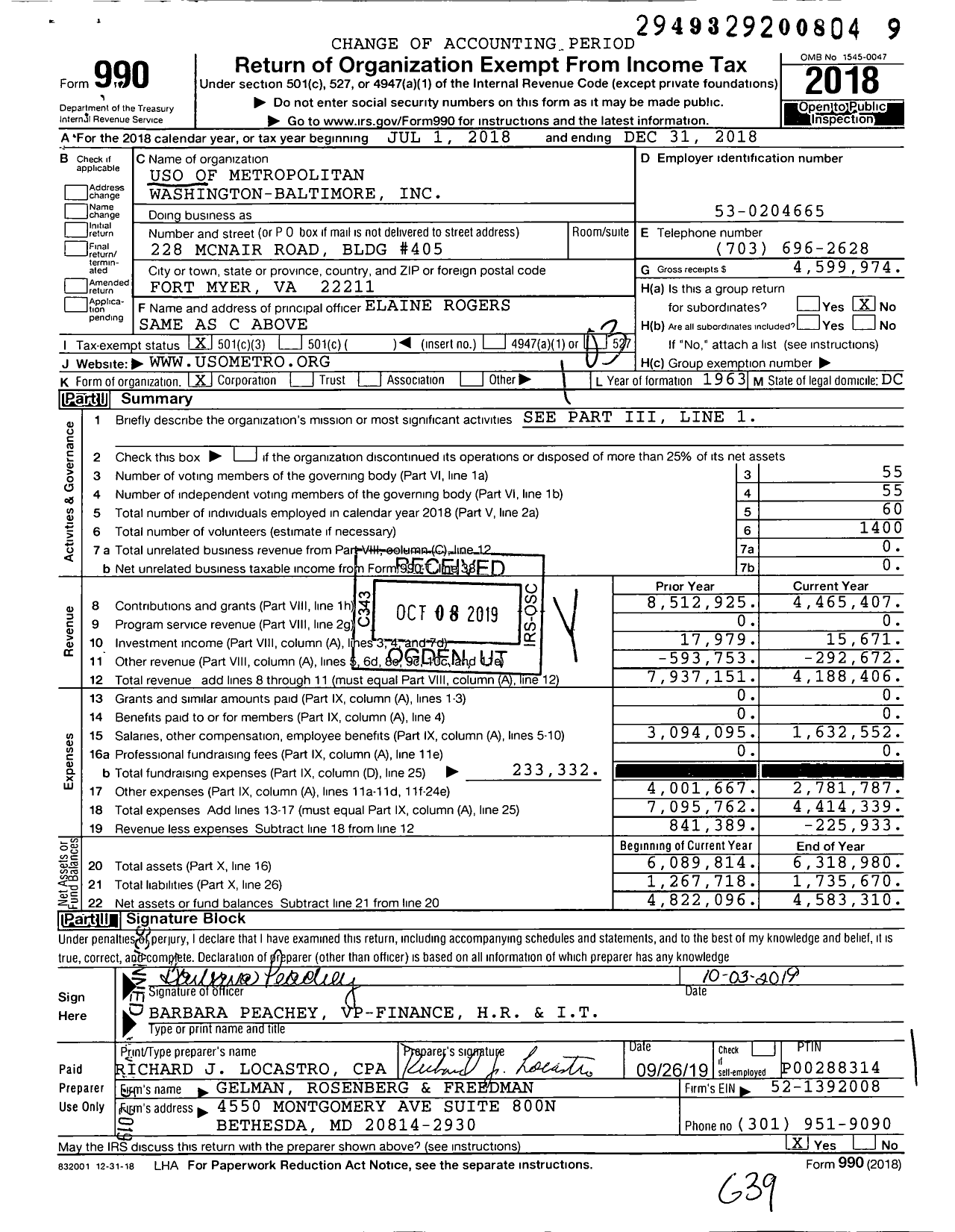 Image of first page of 2018 Form 990 for Uso of Metropolitan Washington-Baltimore