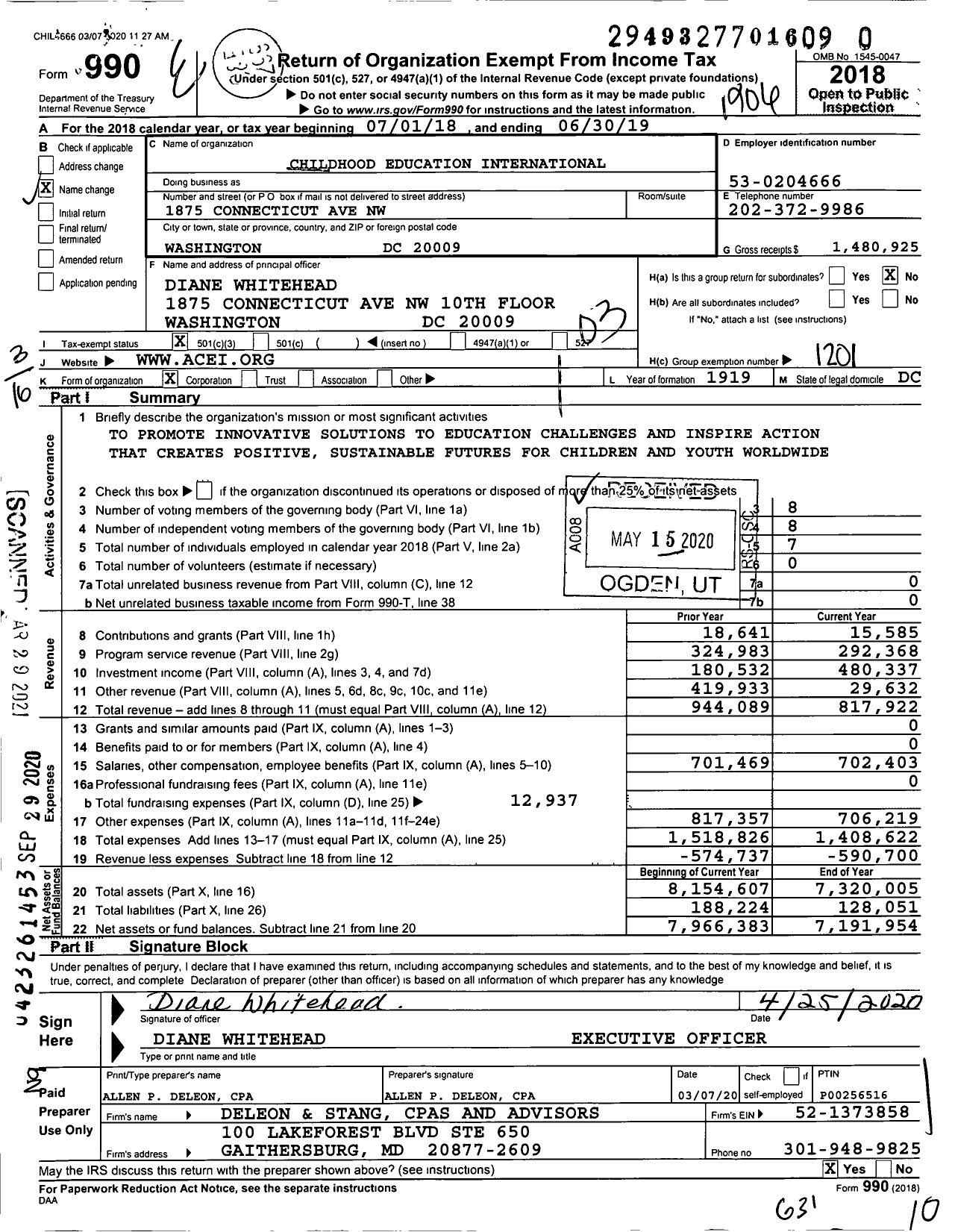 Image of first page of 2018 Form 990 for Childhood Education International