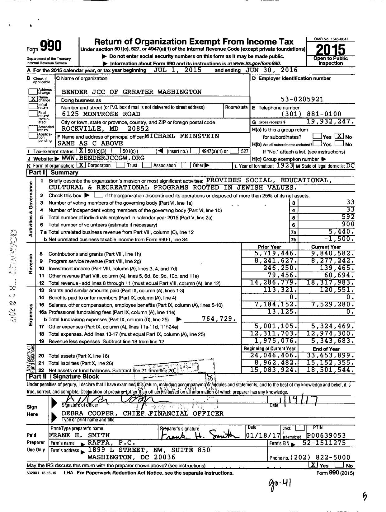 Image of first page of 2015 Form 990 for Bender JCC of Greater Washington