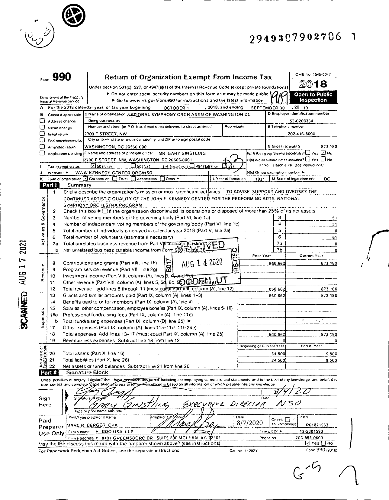 Image of first page of 2018 Form 990 for National Symphony Orch Association of Washington DC