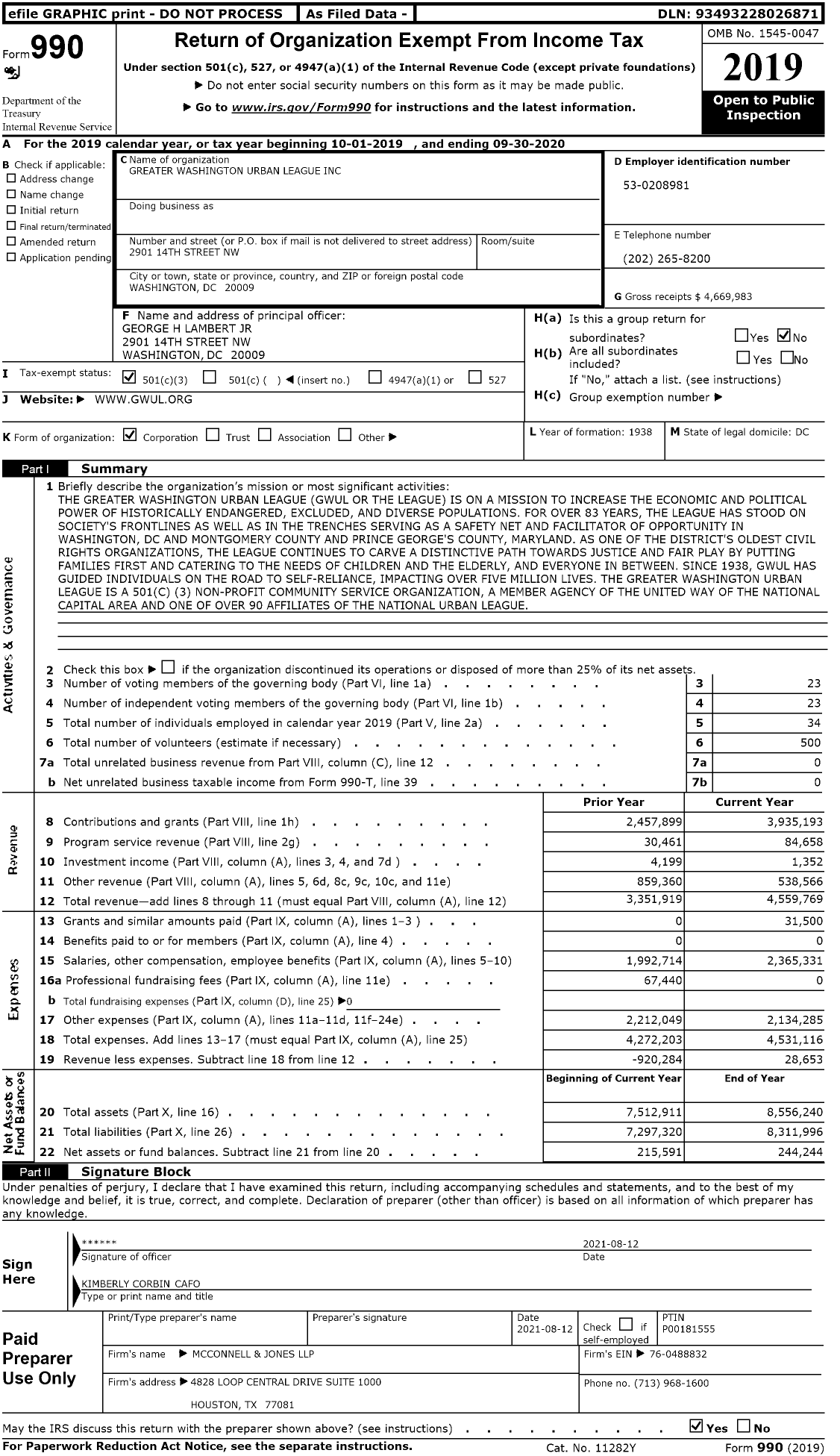 Image of first page of 2019 Form 990 for Greater Washington Urban League (GWUL)