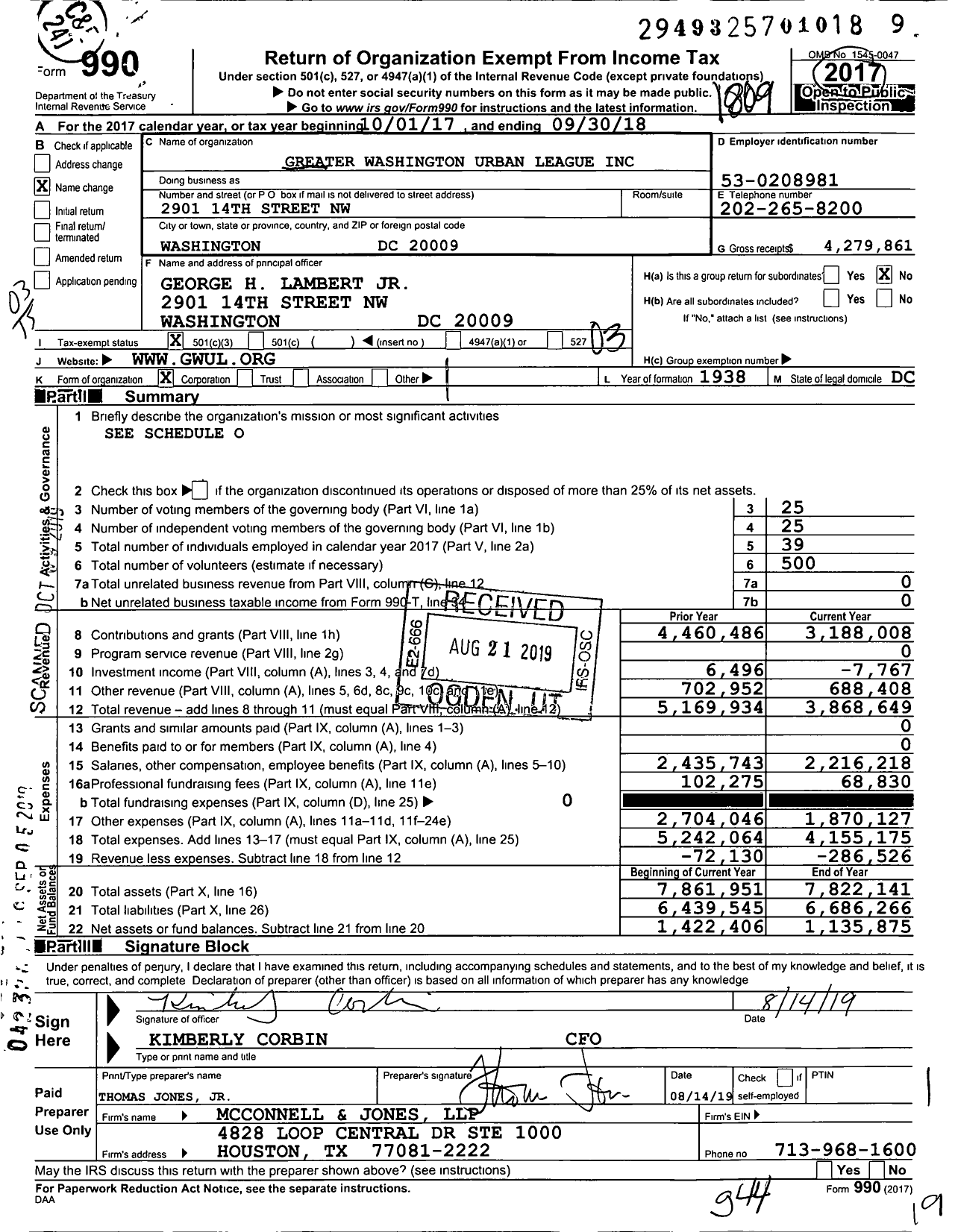 Image of first page of 2017 Form 990 for Greater Washington Urban League (GWUL)