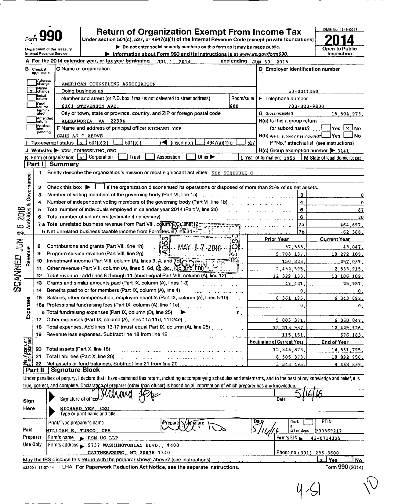 Image of first page of 2014 Form 990 for American Counseling Association