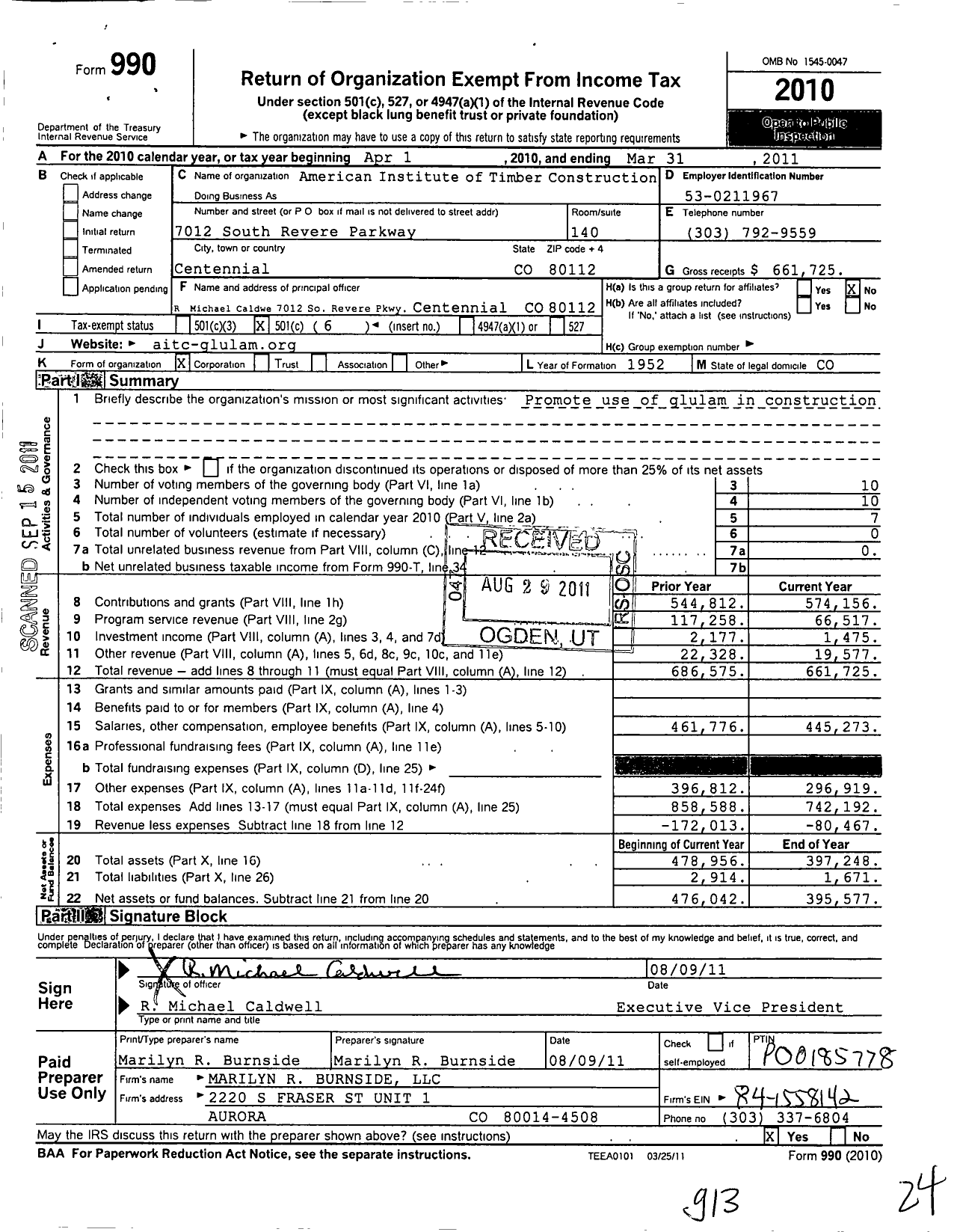 Image of first page of 2010 Form 990O for American Institute of Timber Construction