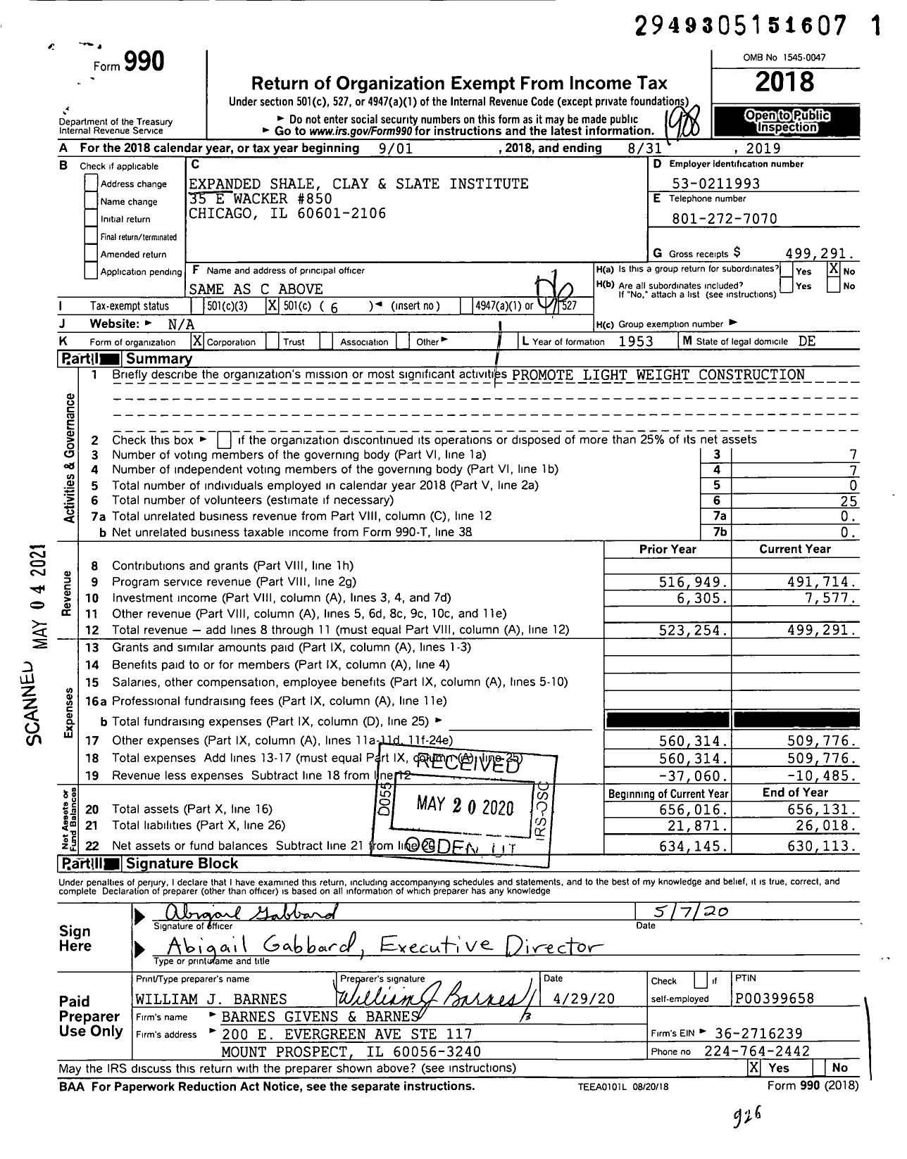 Image of first page of 2018 Form 990O for Expanded Shale Clay & Slate Institute