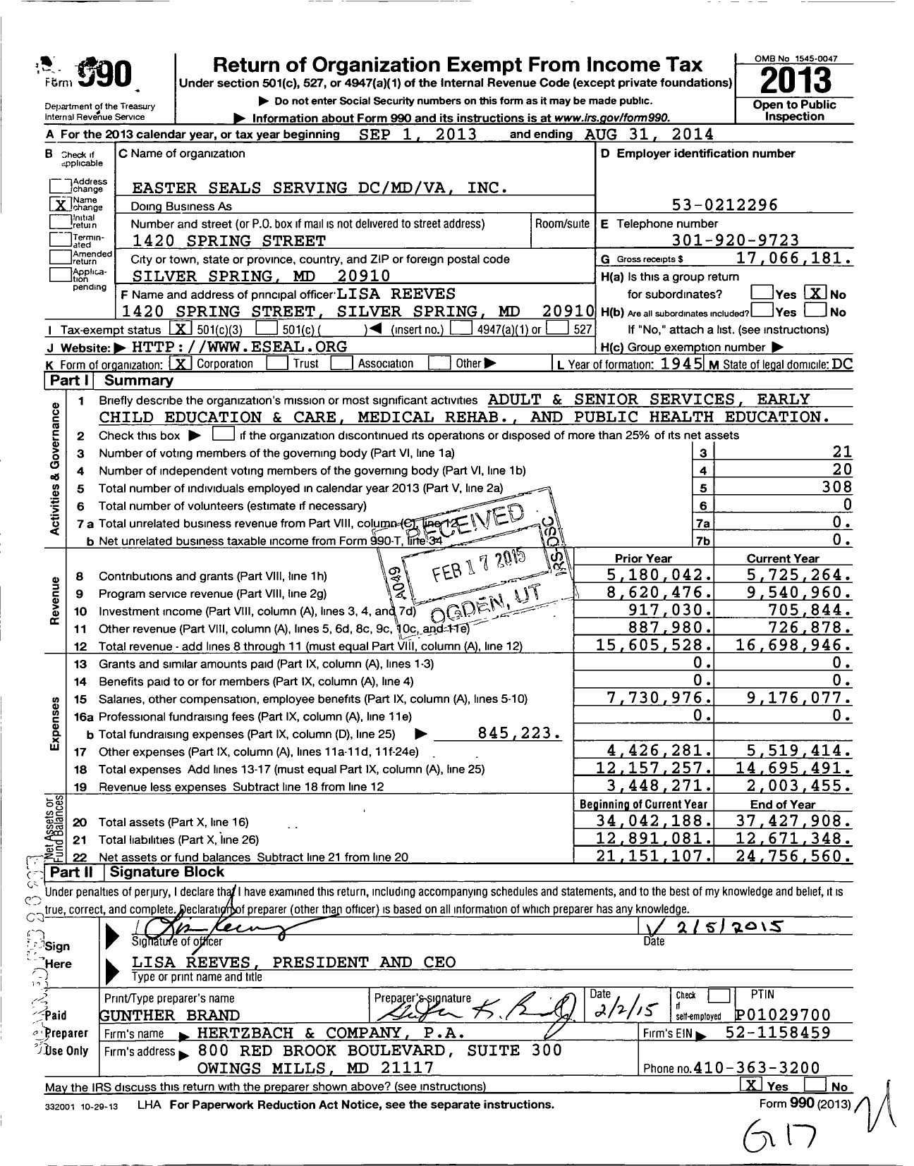 Image of first page of 2013 Form 990 for Easter Seals Serving DC MD VA