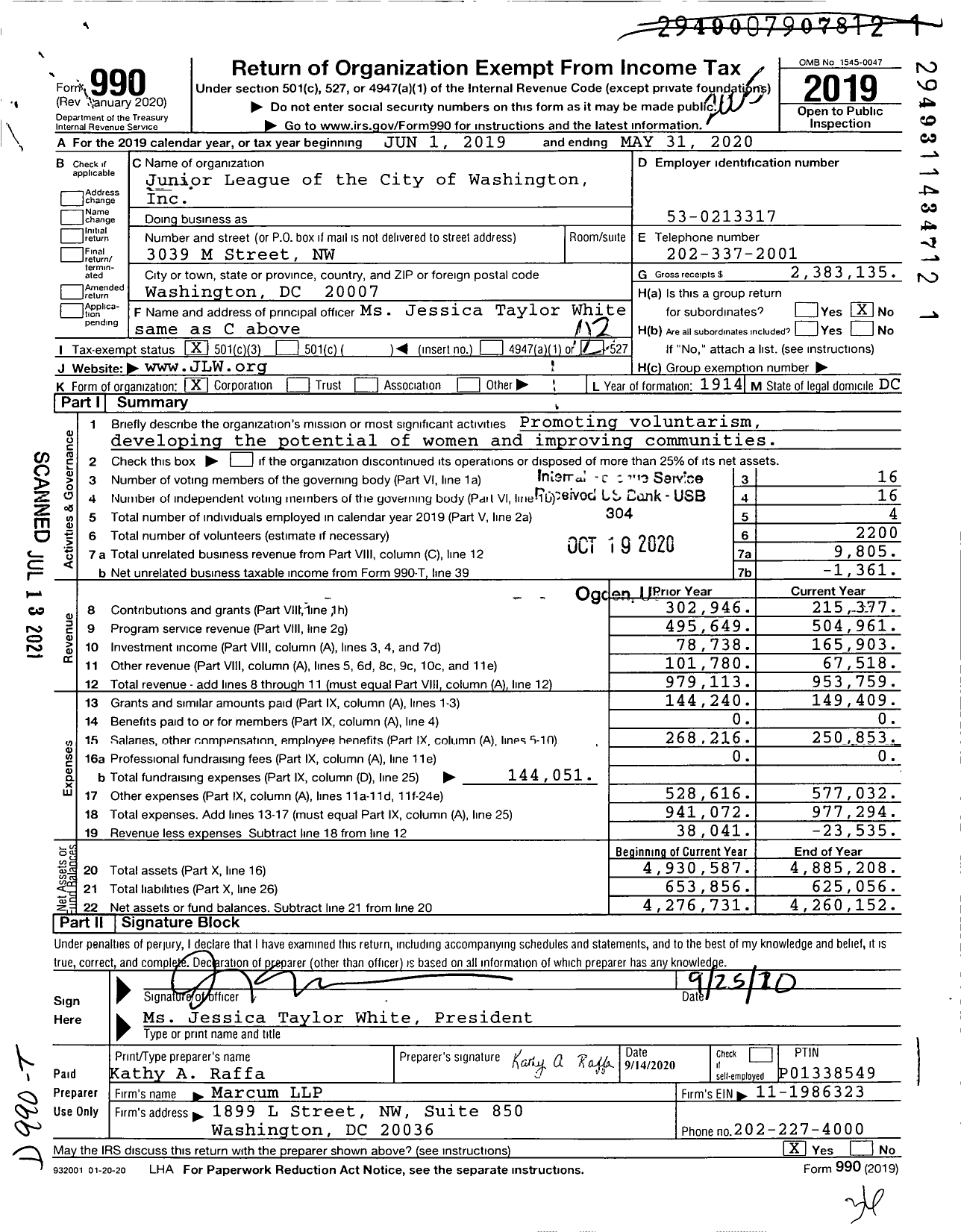 Image of first page of 2019 Form 990 for Junior League of the City of Washington (JLW)