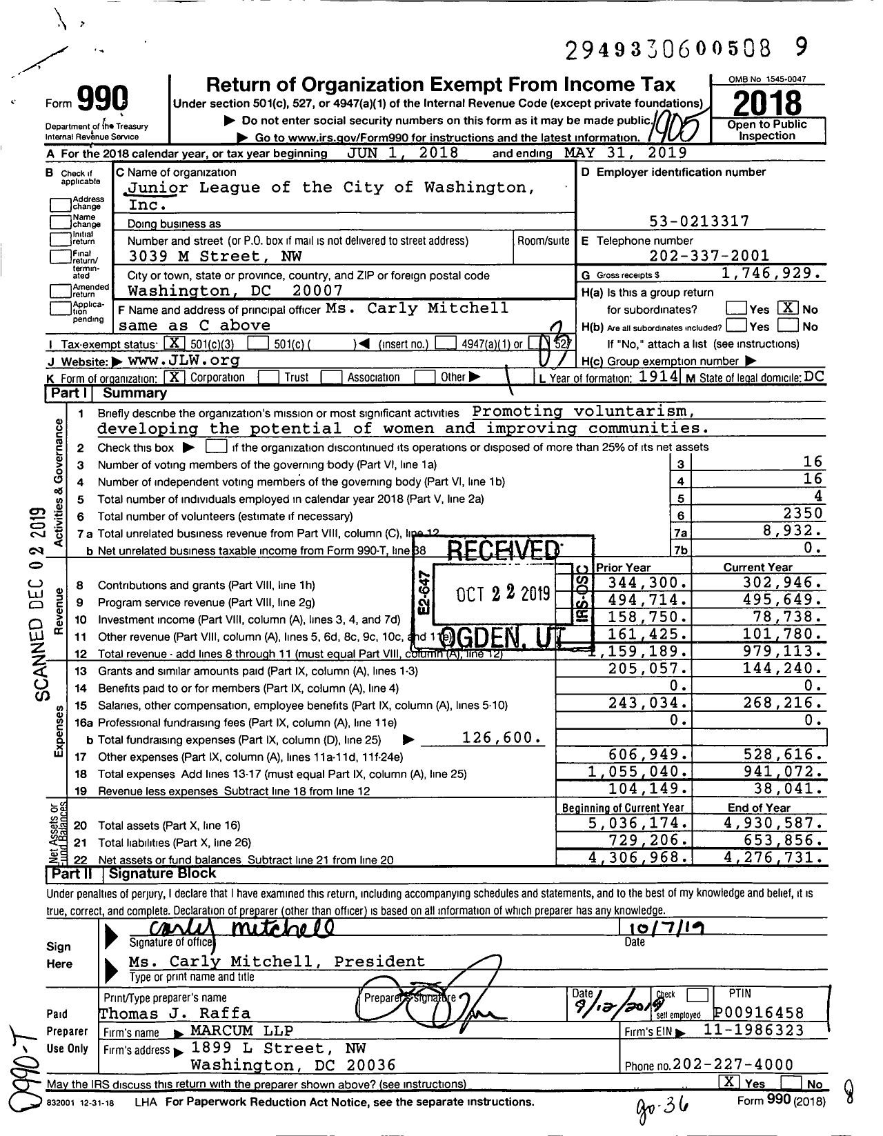 Image of first page of 2018 Form 990 for Junior League of the City of Washington (JLW)