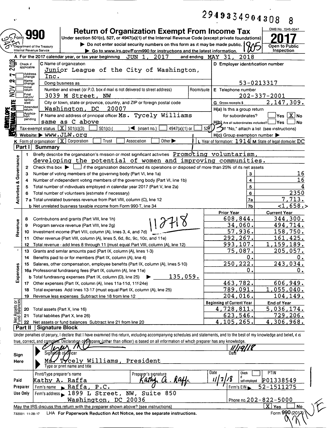 Image of first page of 2017 Form 990 for Junior League of the City of Washington (JLW)