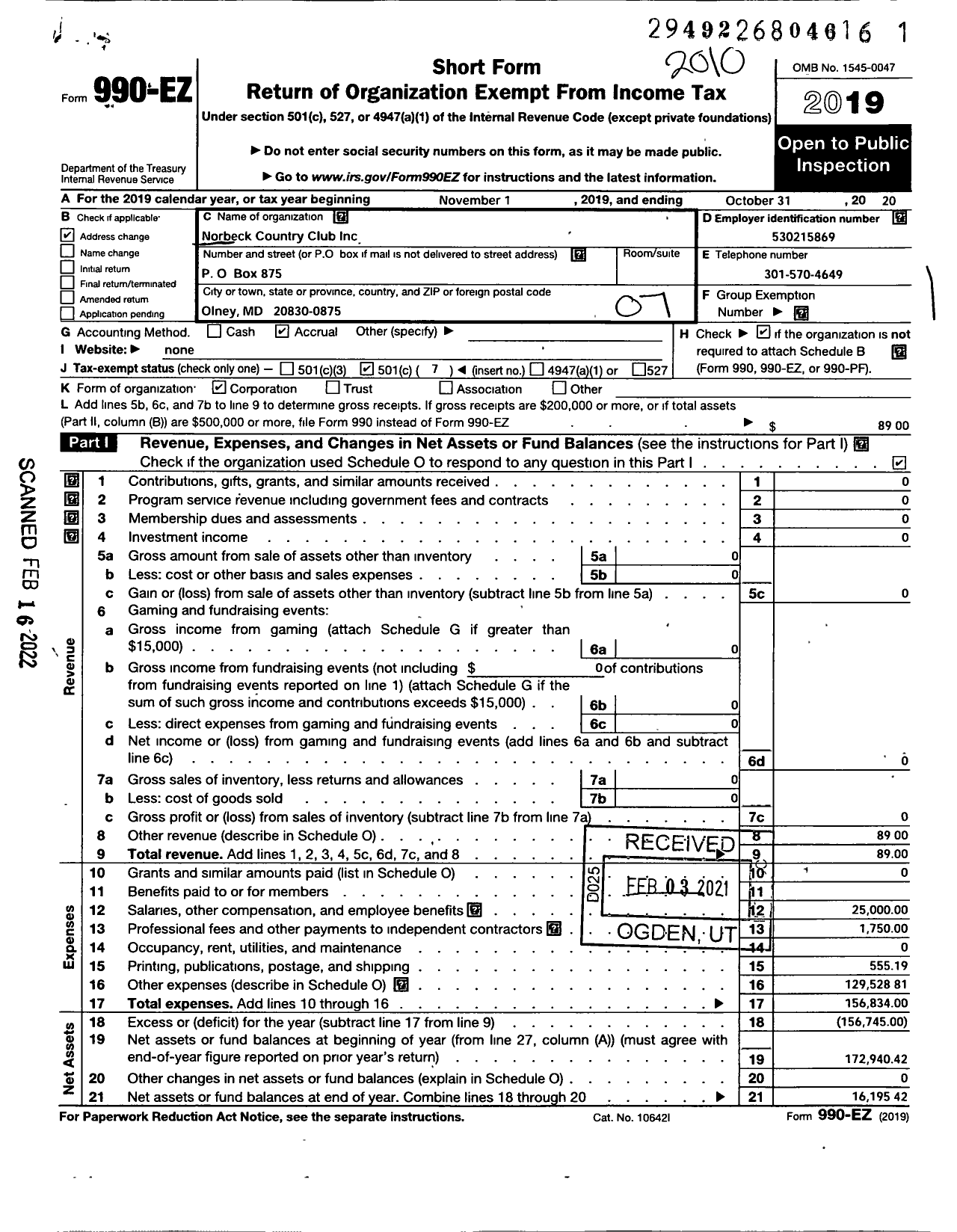 Image of first page of 2019 Form 990EO for Norbeck Country Club