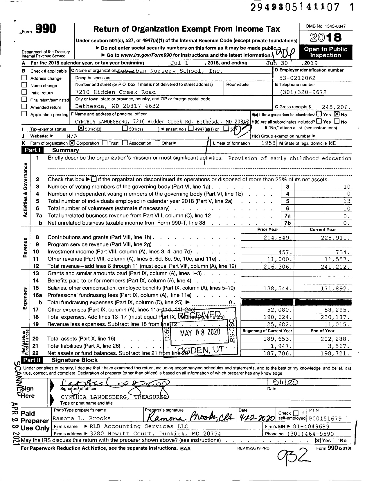 Image of first page of 2018 Form 990 for Suburban Nursery School