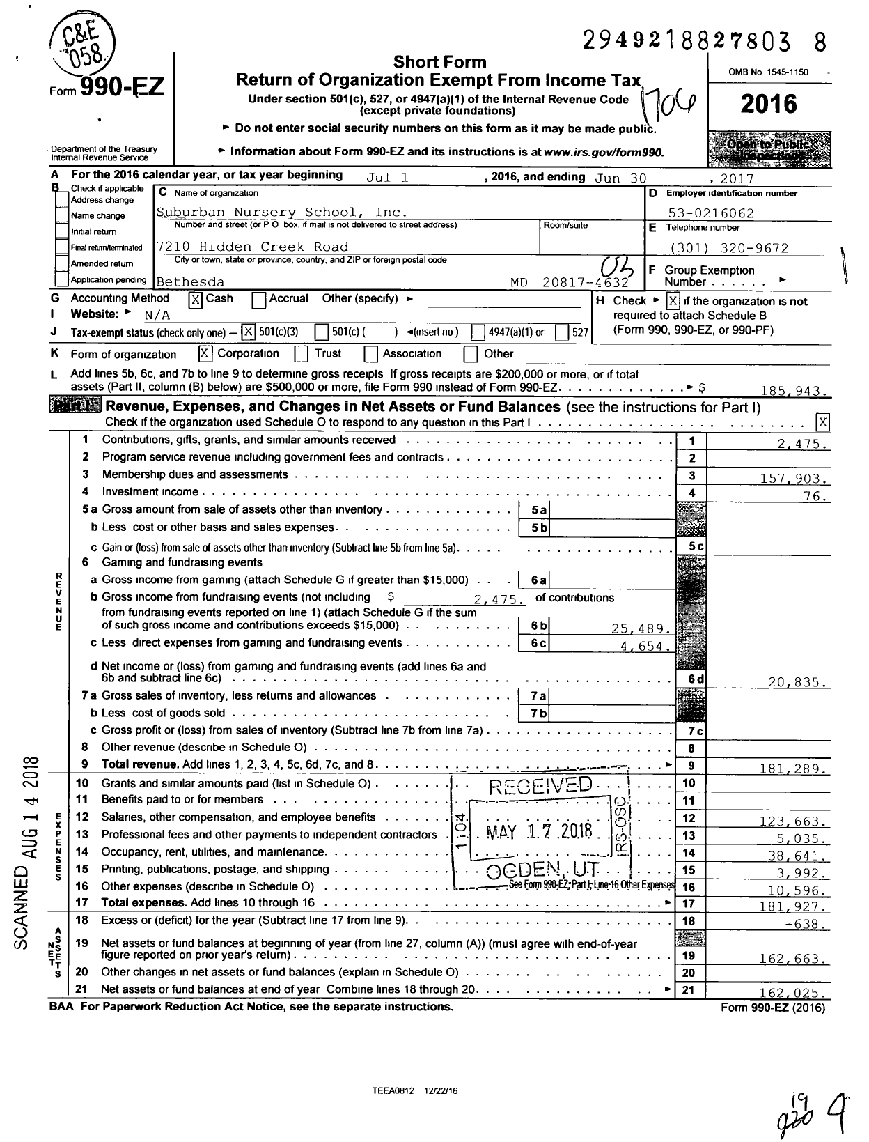 Image of first page of 2016 Form 990EZ for Suburban Nursery School