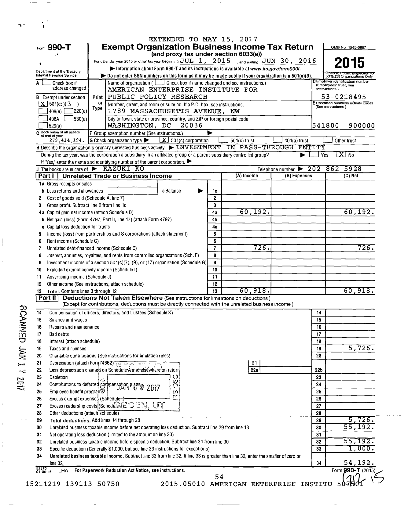 Image of first page of 2015 Form 990 for American Enterprise Institute