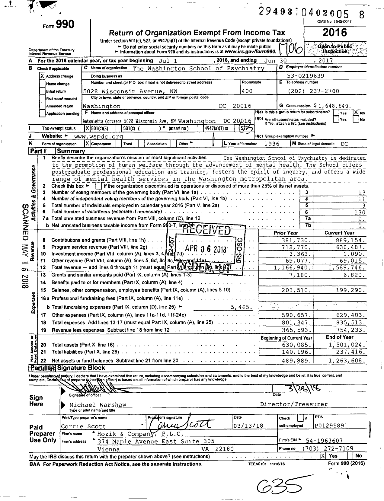 Image of first page of 2016 Form 990 for The Washington School of Psychiatry