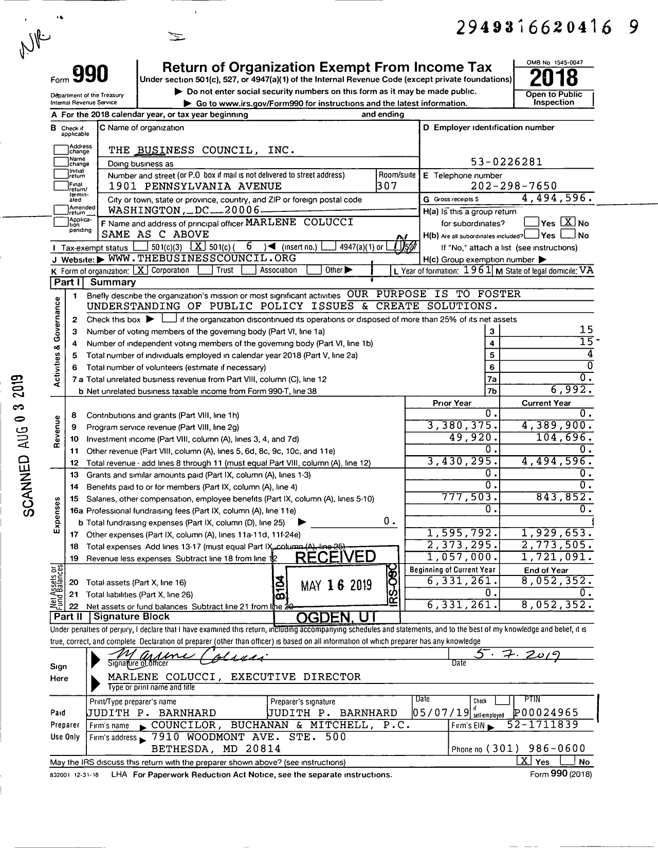 Image of first page of 2018 Form 990O for Business Council