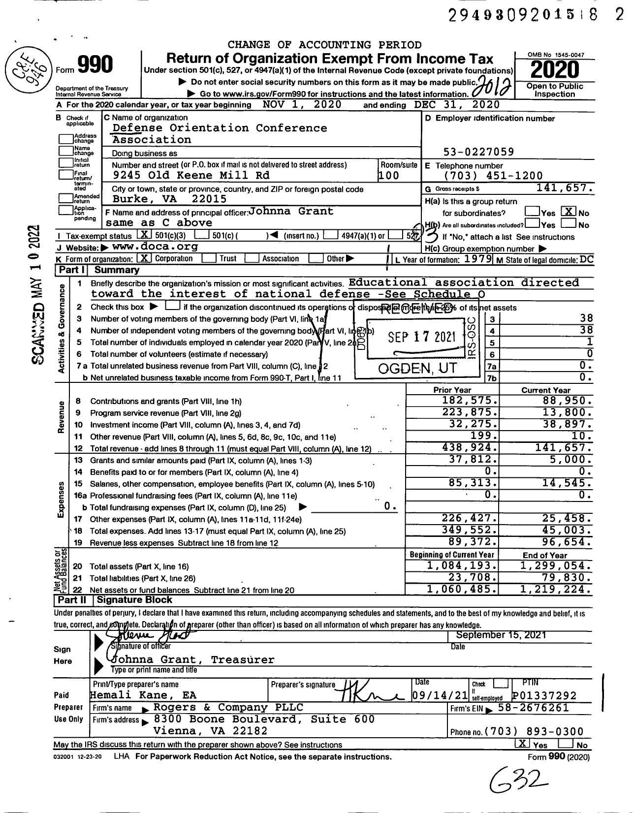 Image of first page of 2020 Form 990 for Defense Orientation Conference Association