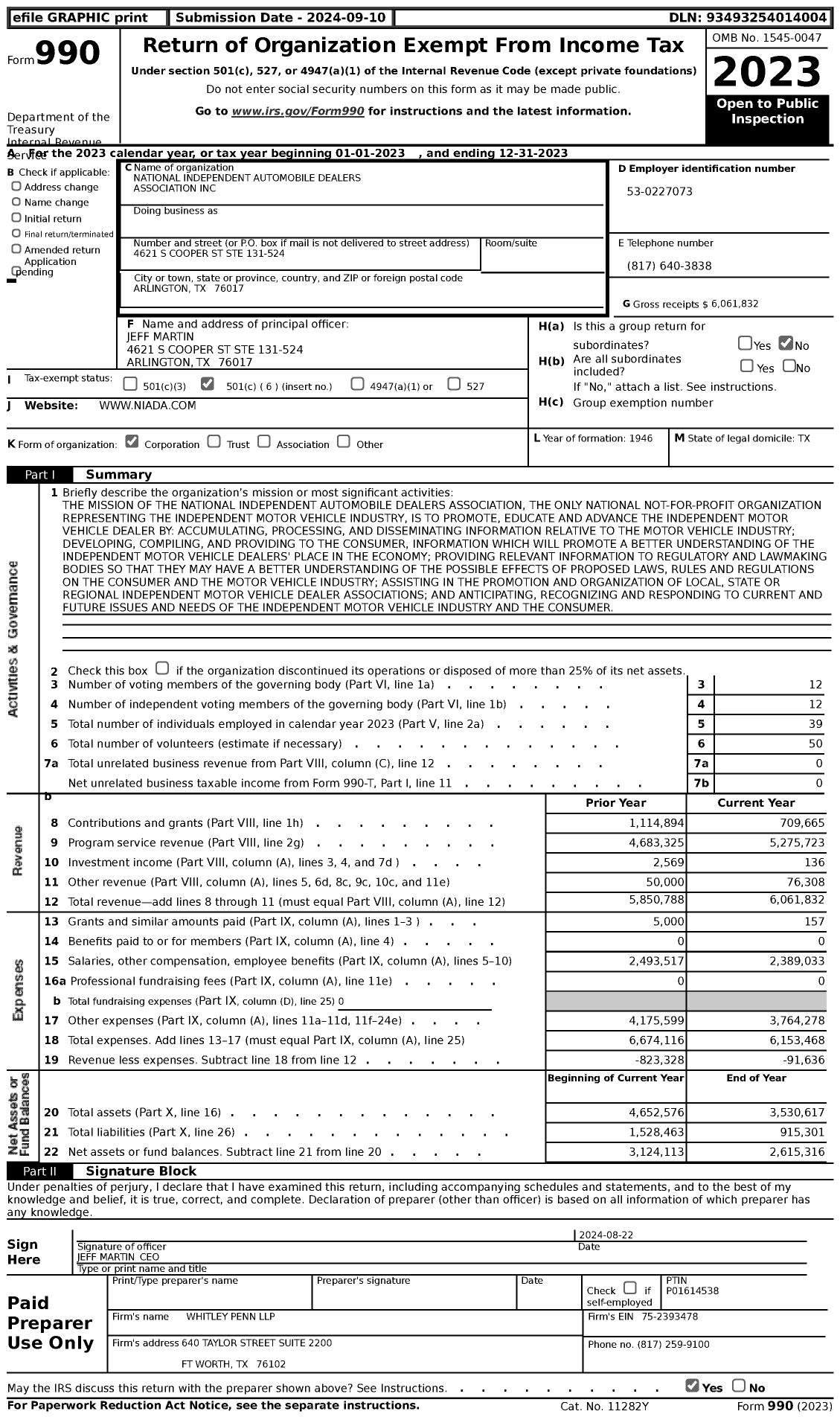 Image of first page of 2023 Form 990 for National Independent Automobile Dealers Association (NIADA)