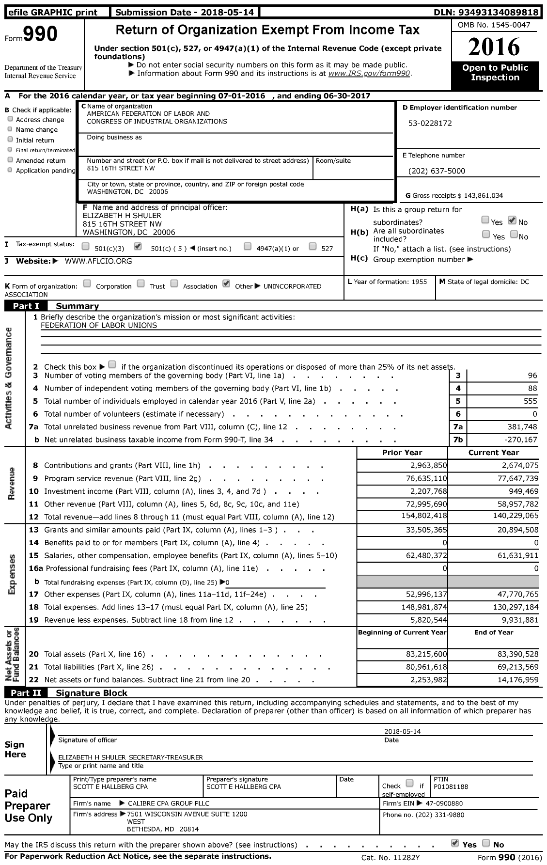 Image of first page of 2016 Form 990 for American Federation of Labor and Congress of Industrial Organizations
