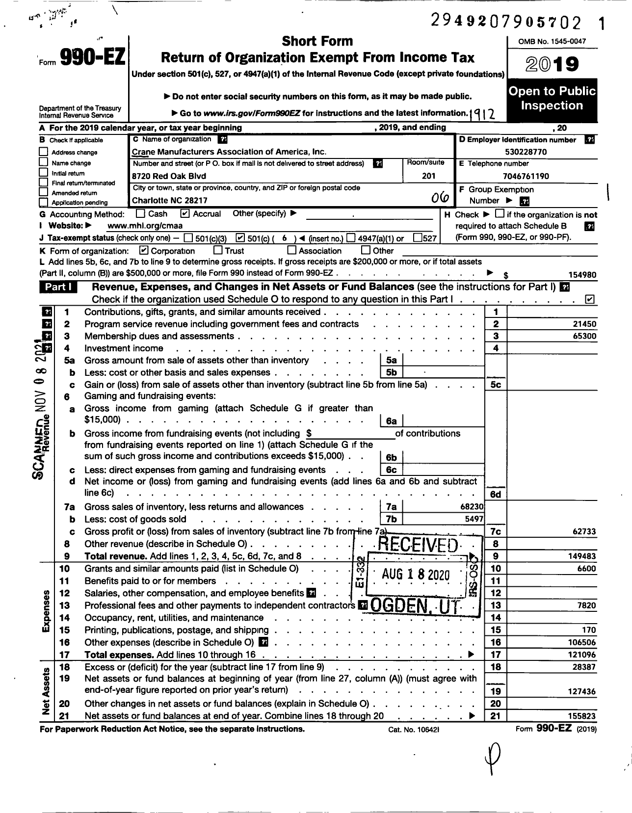 Image of first page of 2019 Form 990EO for Crane Manufacturers Association