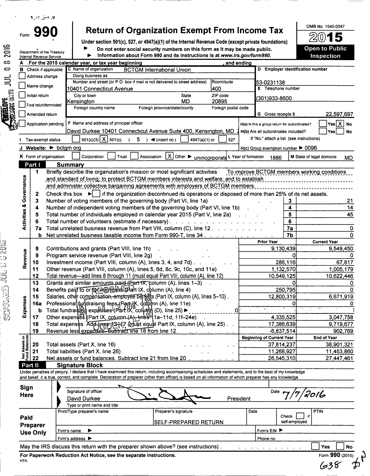 Image of first page of 2015 Form 990O for BCTGM International Union (BCTGM)