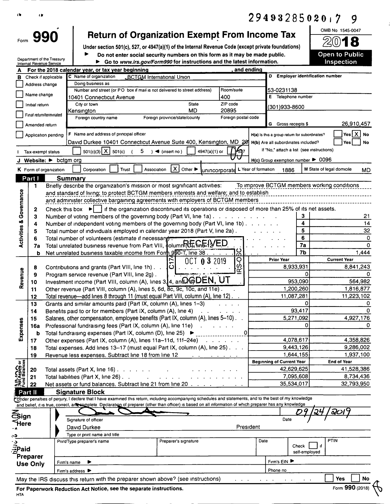 Image of first page of 2018 Form 990O for BCTGM International Union (BCTGM)