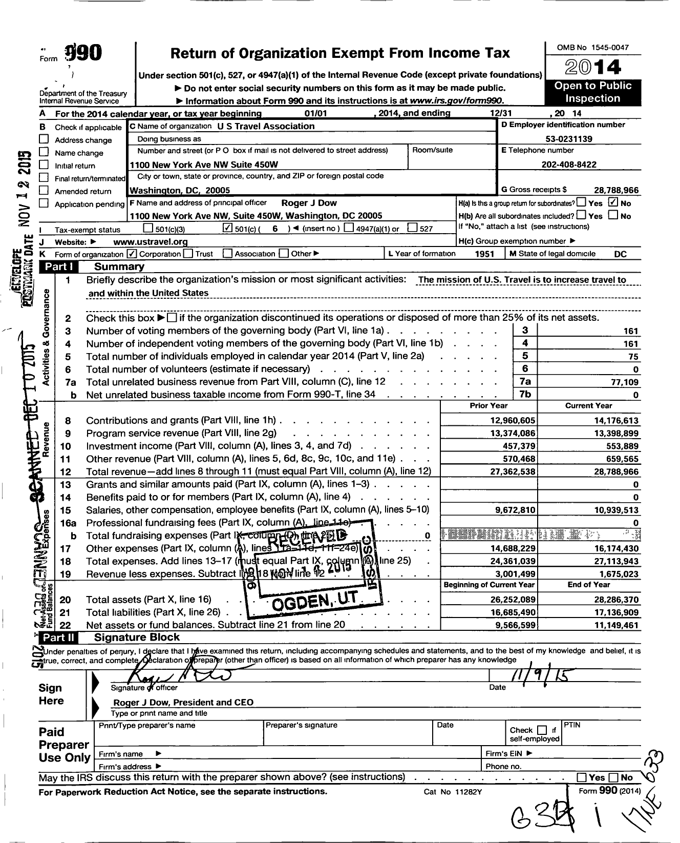 Image of first page of 2014 Form 990O for United State Travel Association