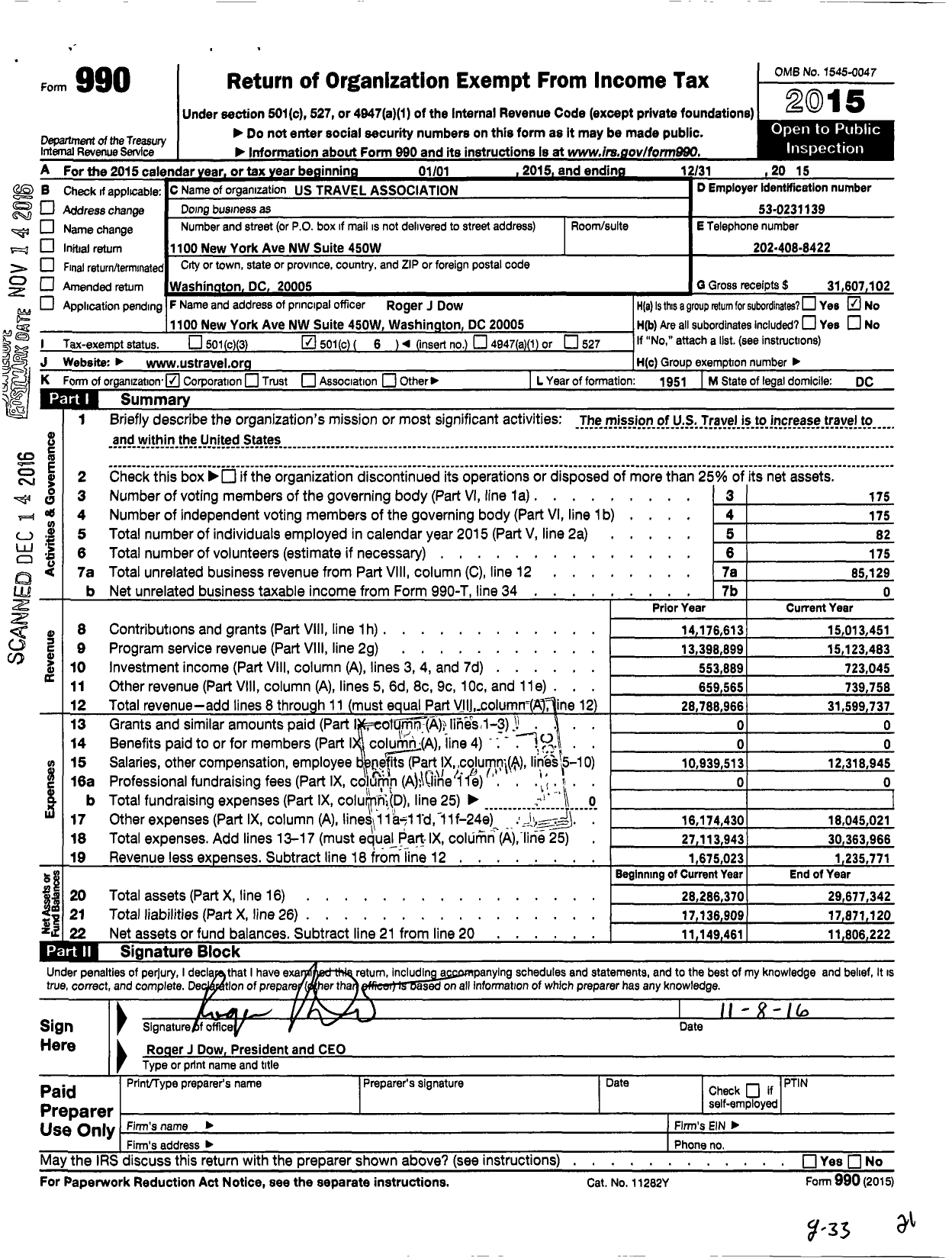 Image of first page of 2015 Form 990O for United State Travel Association