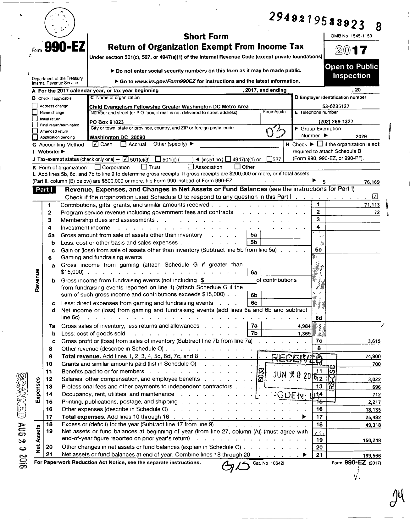 Image of first page of 2017 Form 990EZ for Child Evangelism Fellowship - Greater Washington DC Chapter