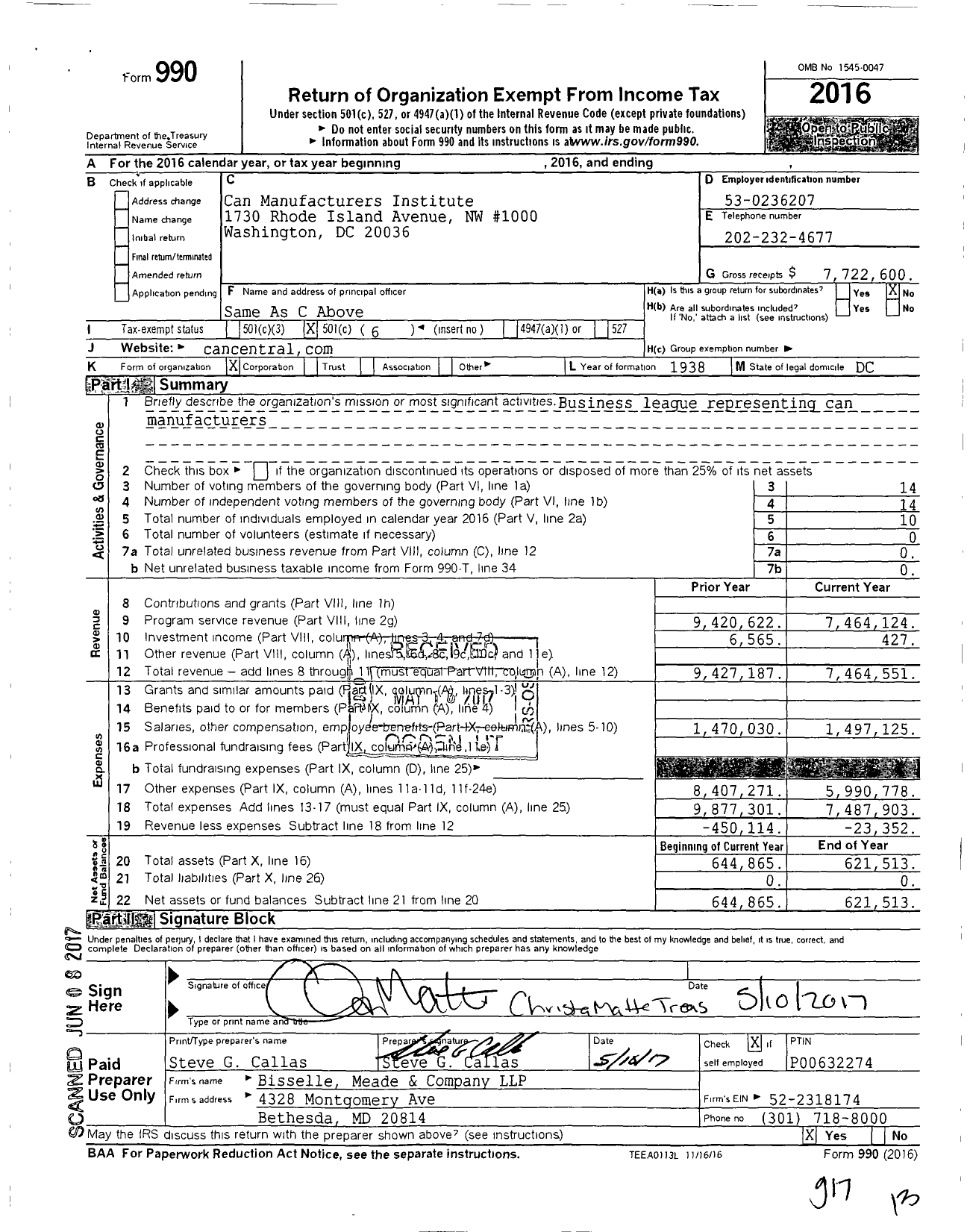 Image of first page of 2016 Form 990O for Can Manufacturers Institute (CMI)