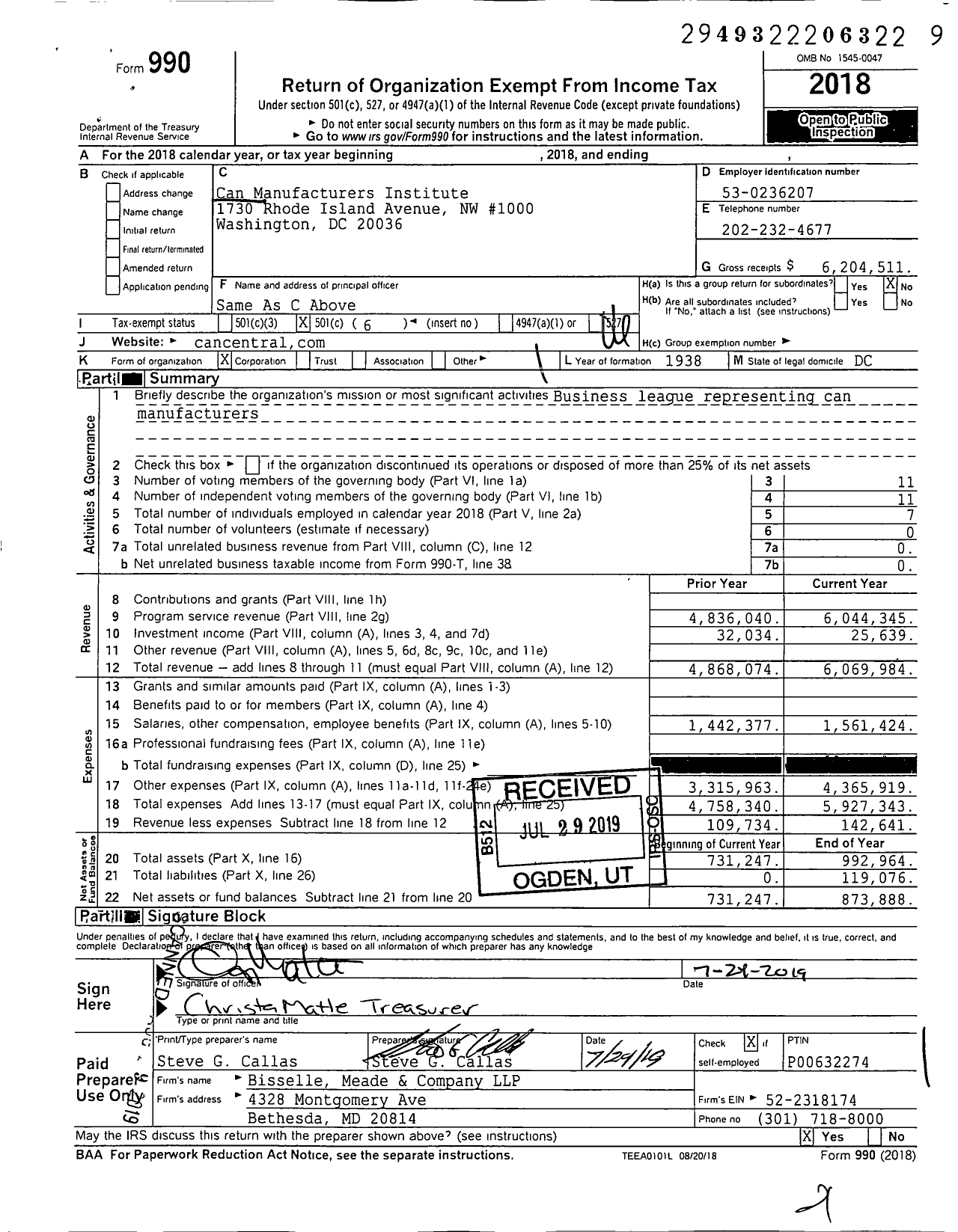 Image of first page of 2018 Form 990O for Can Manufacturers Institute (CMI)