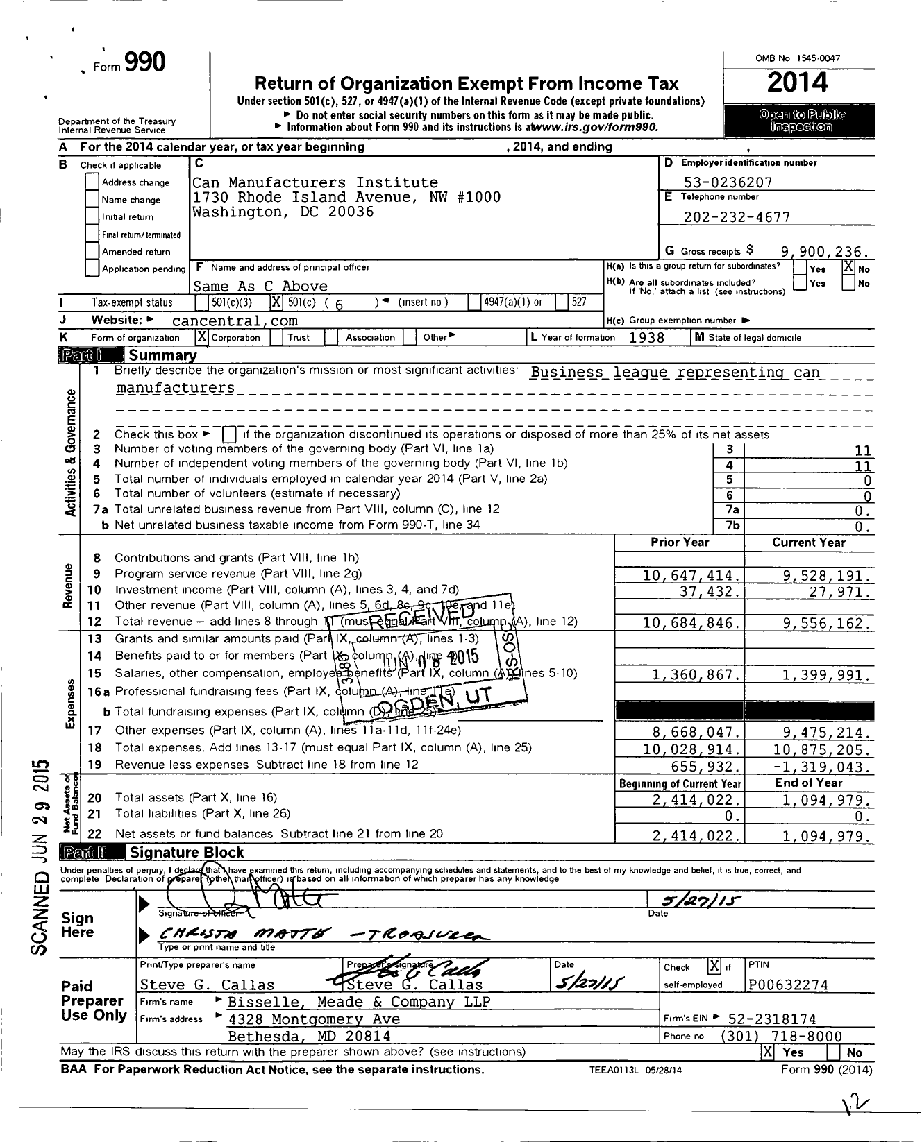 Image of first page of 2014 Form 990O for Can Manufacturers Institute (CMI)