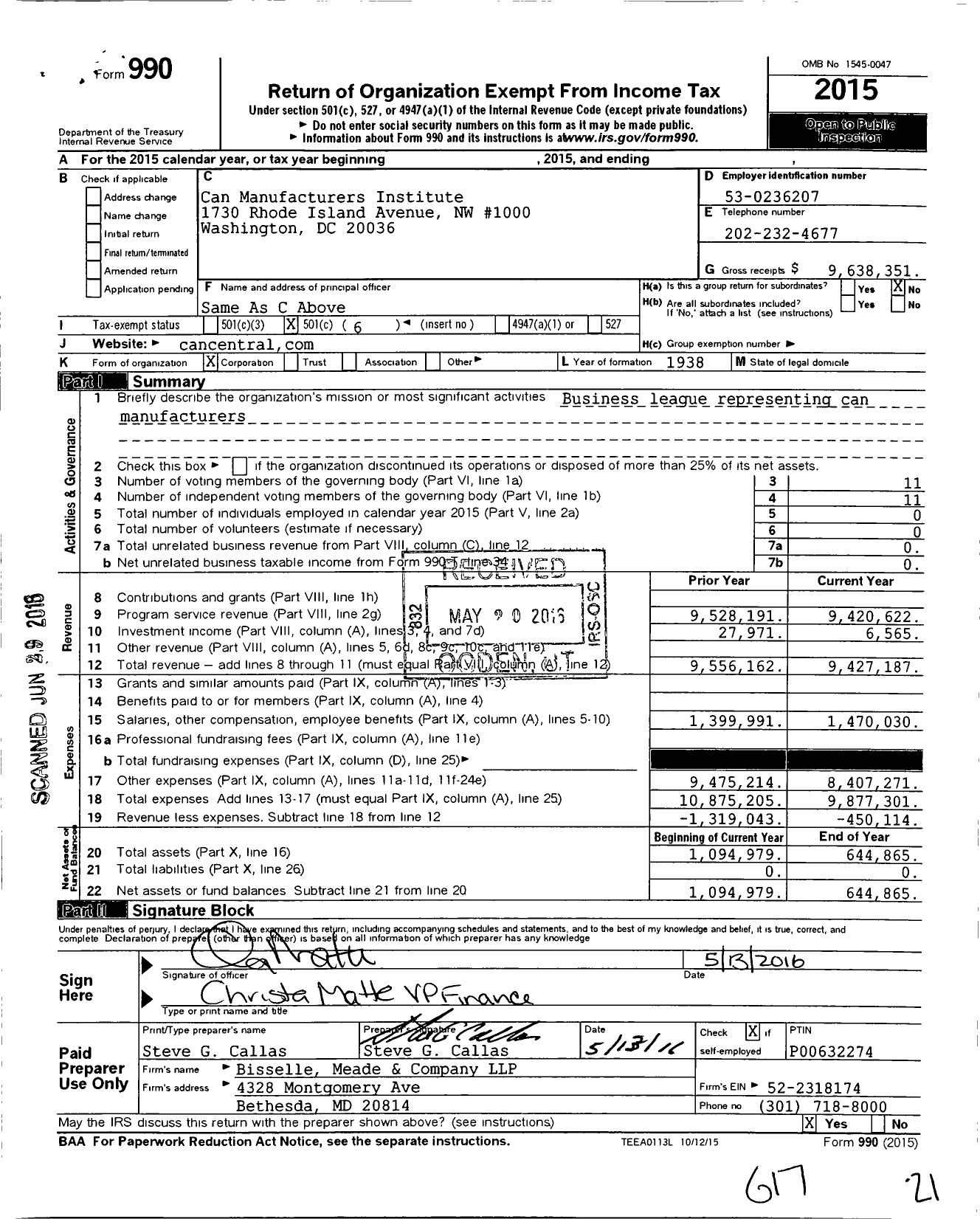 Image of first page of 2015 Form 990O for Can Manufacturers Institute (CMI)
