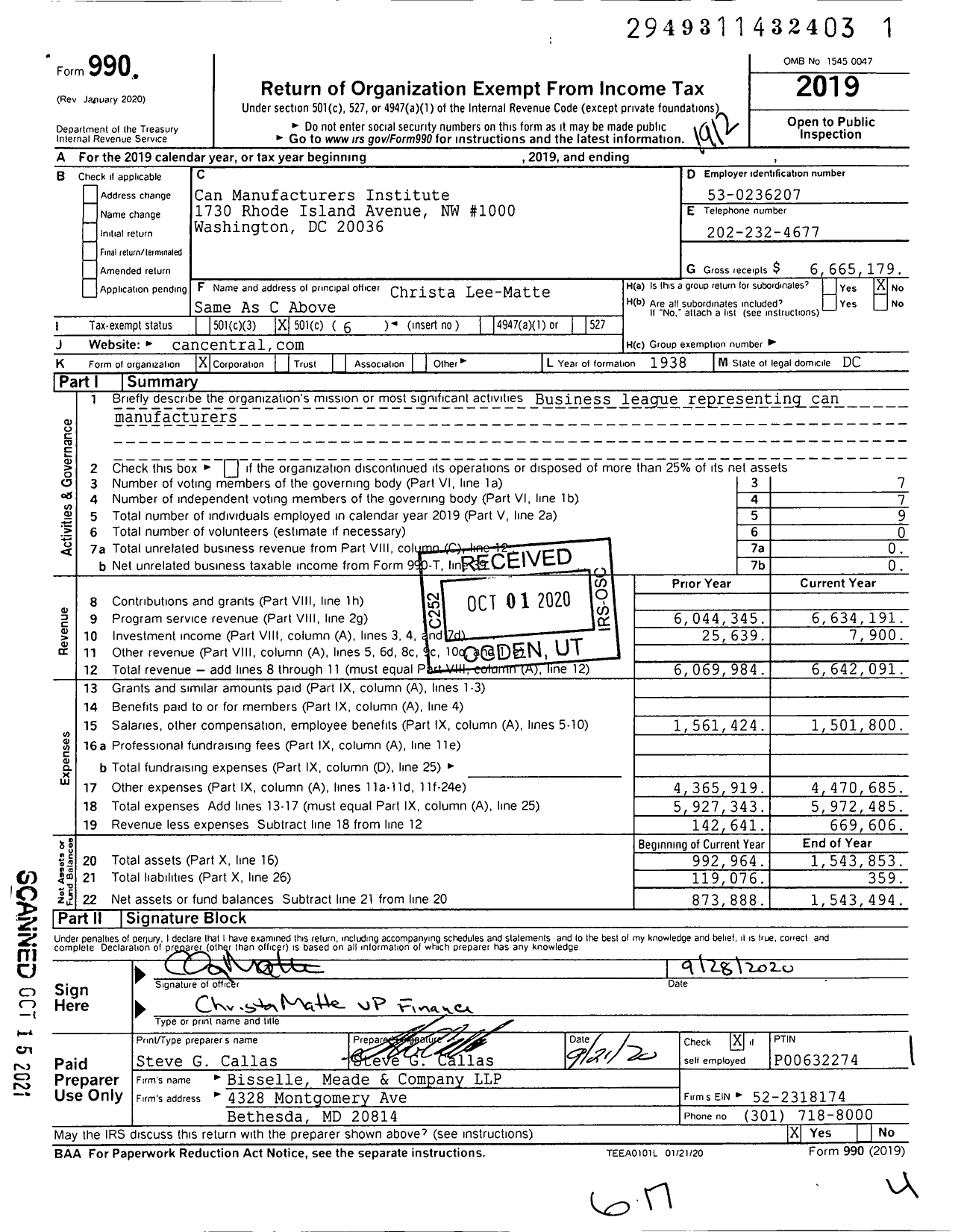 Image of first page of 2019 Form 990O for Can Manufacturers Institute (CMI)