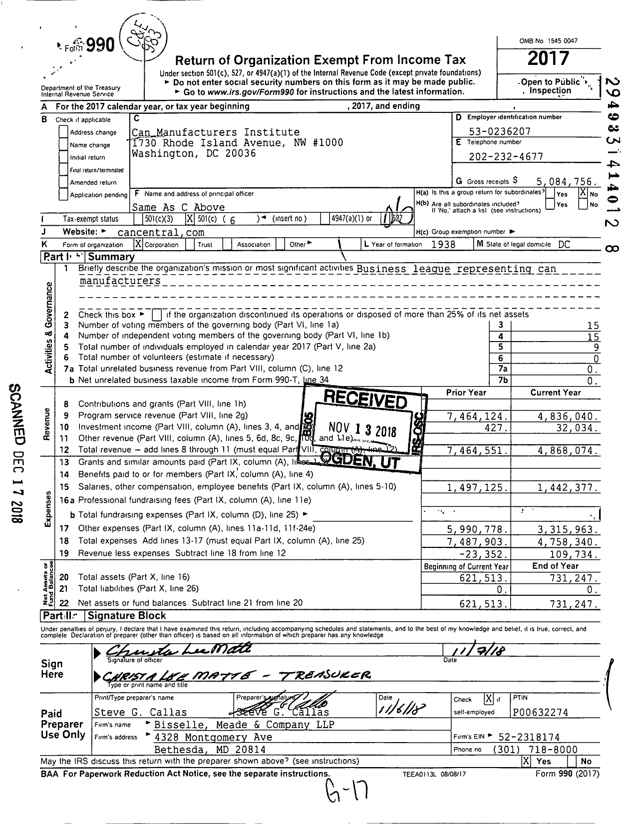 Image of first page of 2017 Form 990O for Can Manufacturers Institute (CMI)