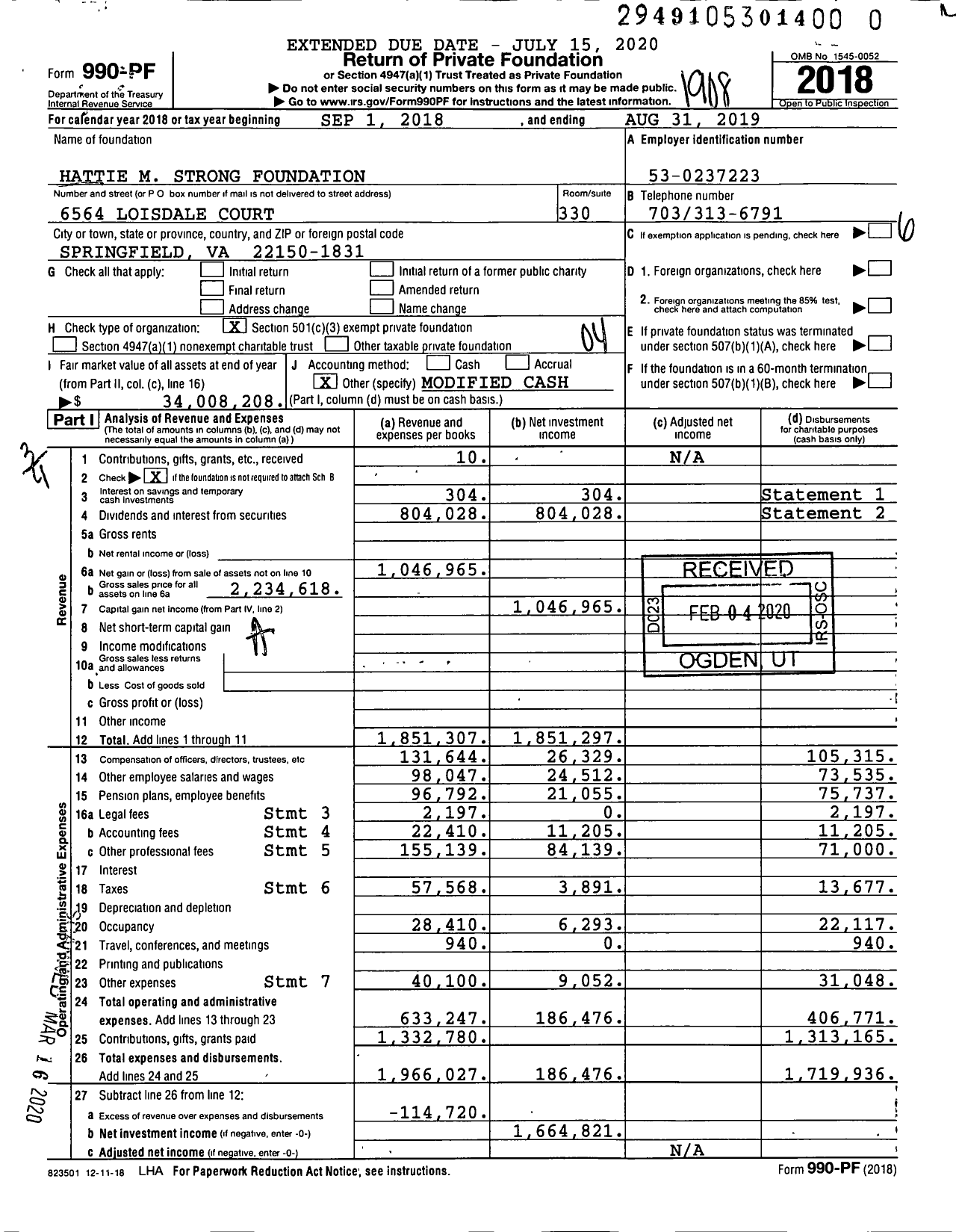 Image of first page of 2018 Form 990PR for Hattie M. Strong Foundation (HMSF)