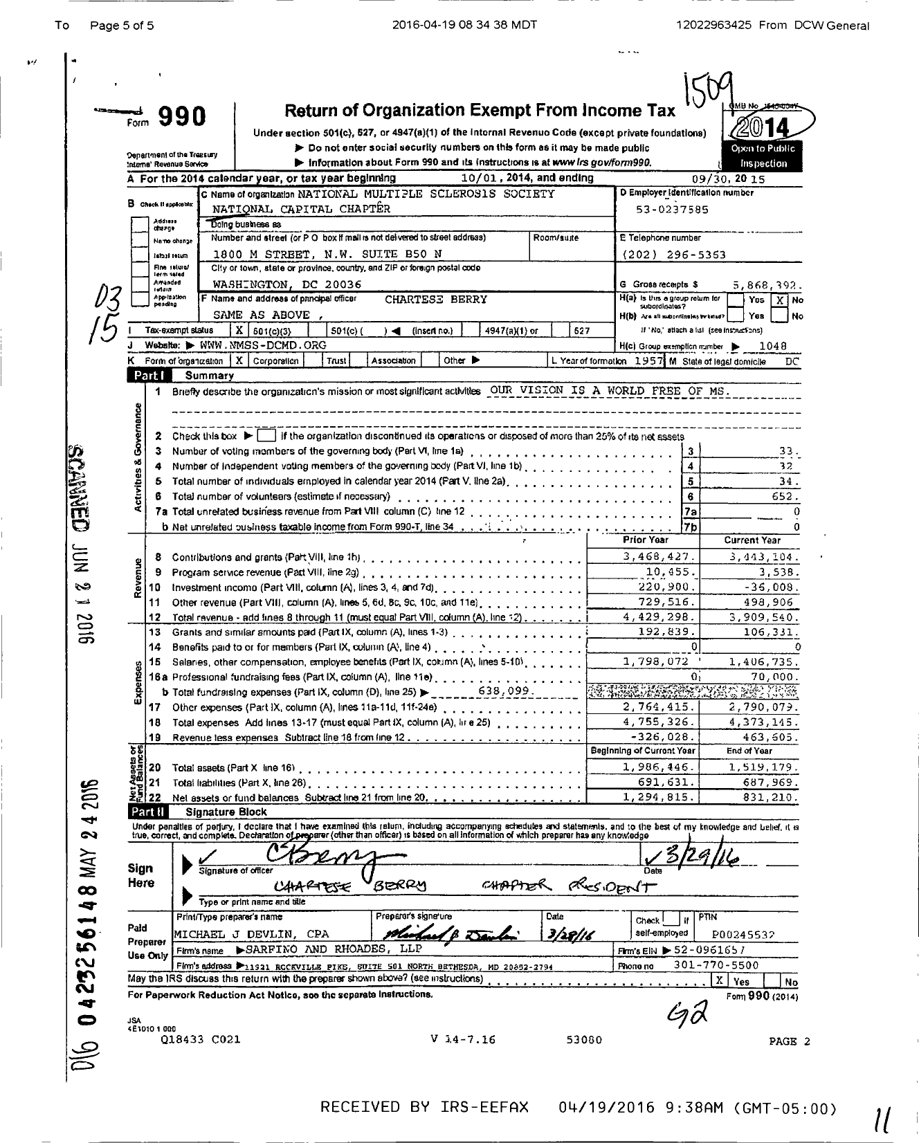 Image of first page of 2014 Form 990 for National Multiple Sclerosis Society
