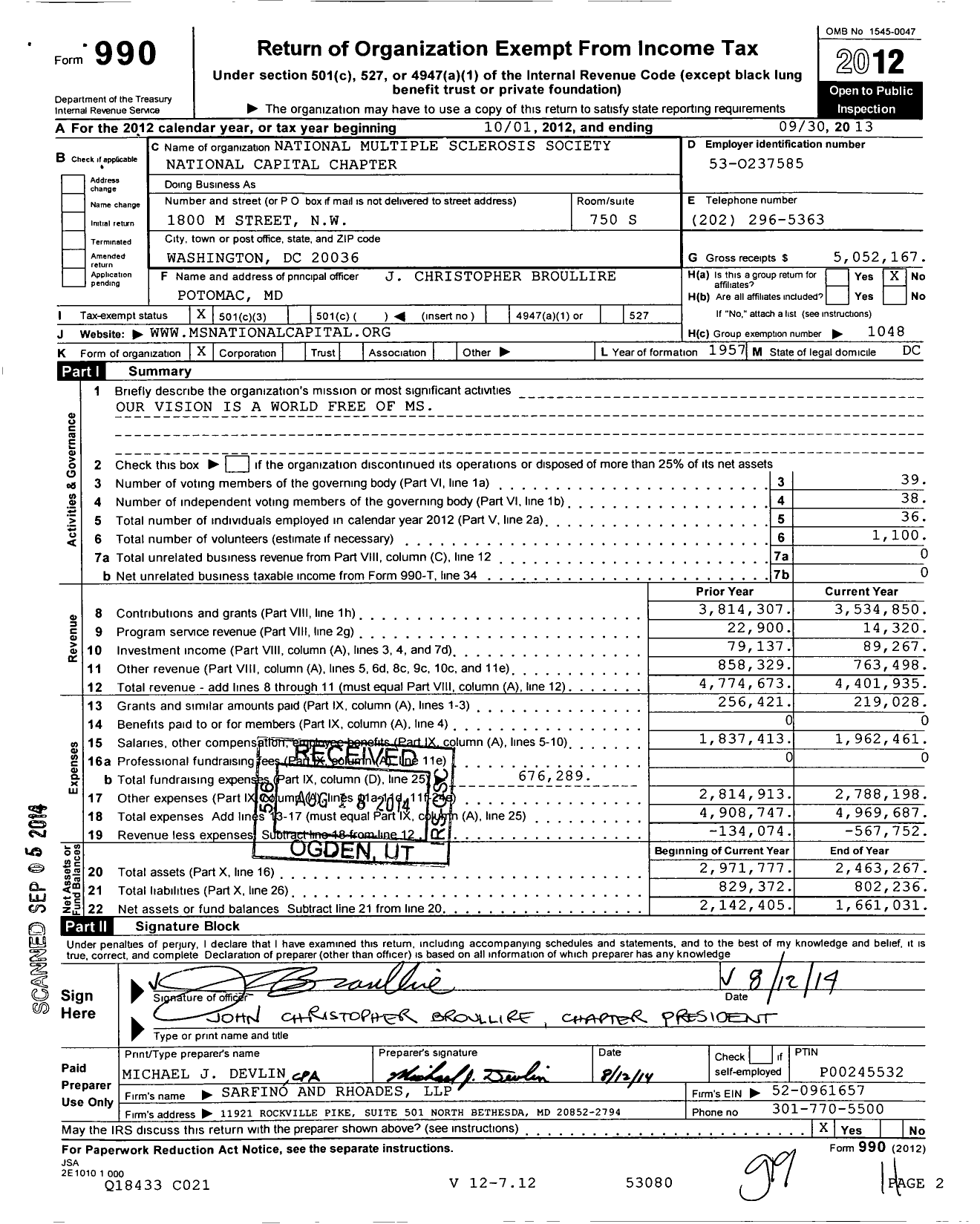 Image of first page of 2012 Form 990 for National Multiple Sclerosis Society