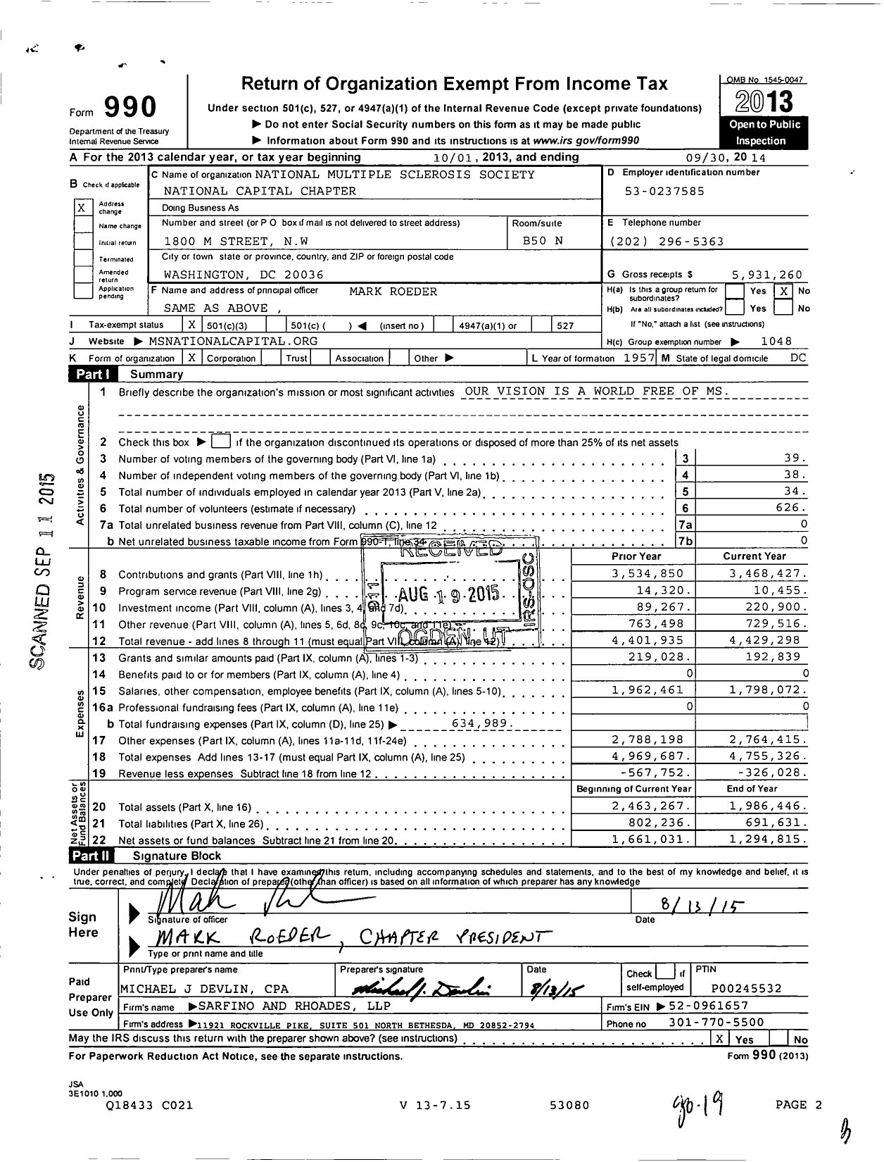 Image of first page of 2013 Form 990 for National Multiple Sclerosis Society