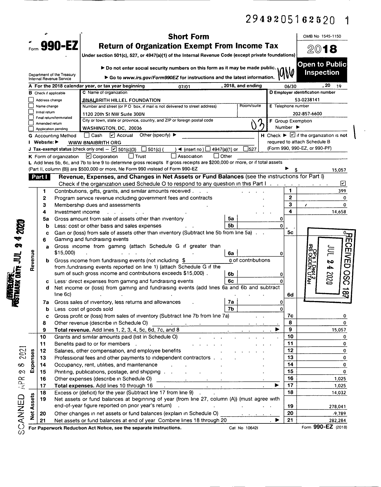 Image of first page of 2018 Form 990EZ for Bnai Brith Hillel Foundation