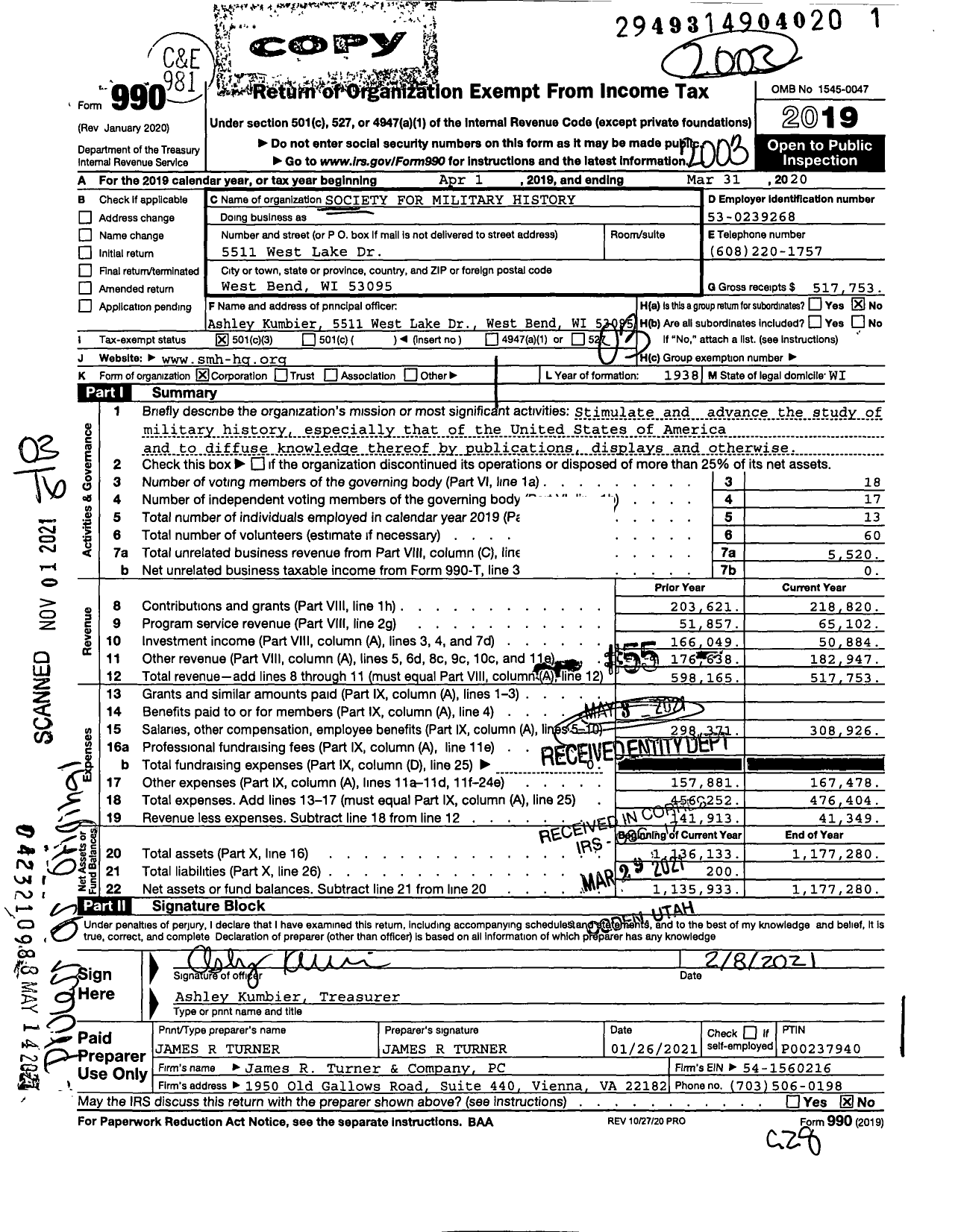 Image of first page of 2019 Form 990 for Society for Military History