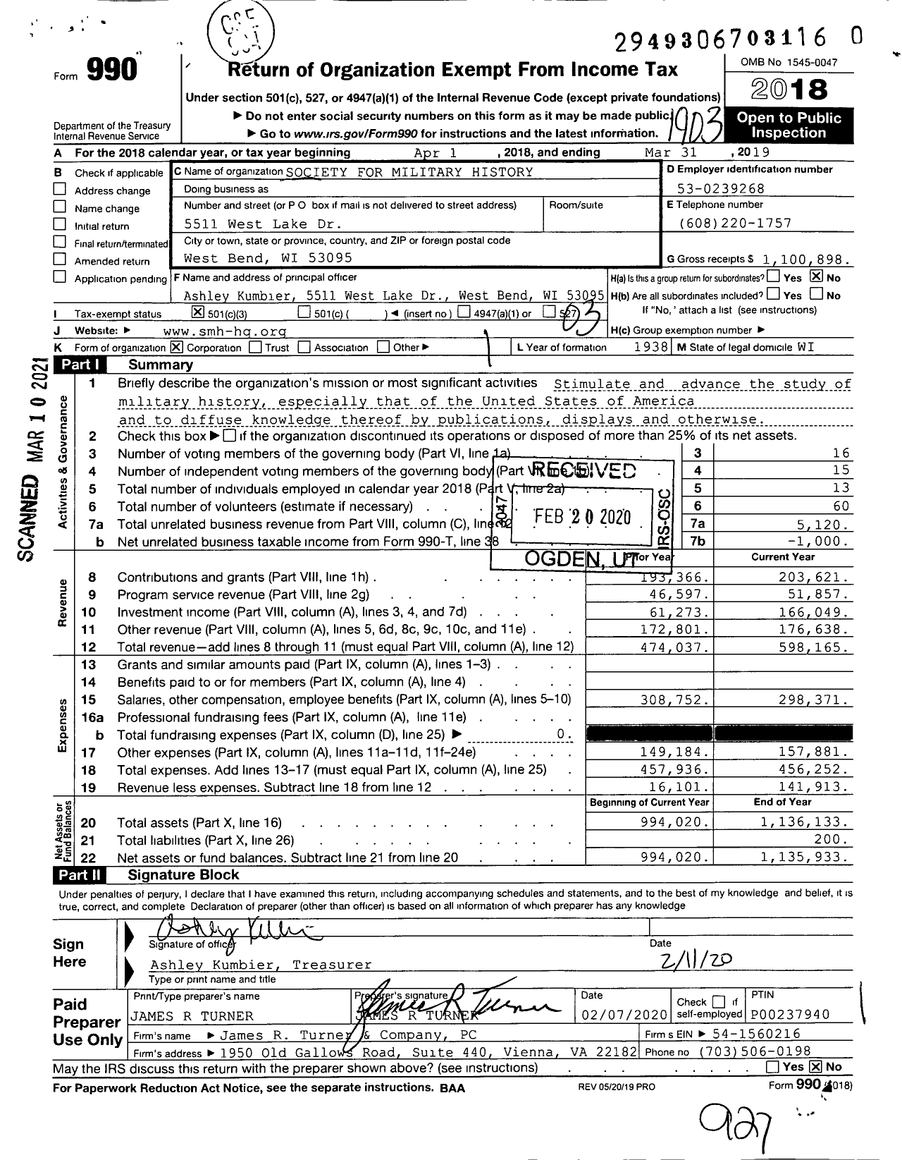 Image of first page of 2018 Form 990 for Society for Military History