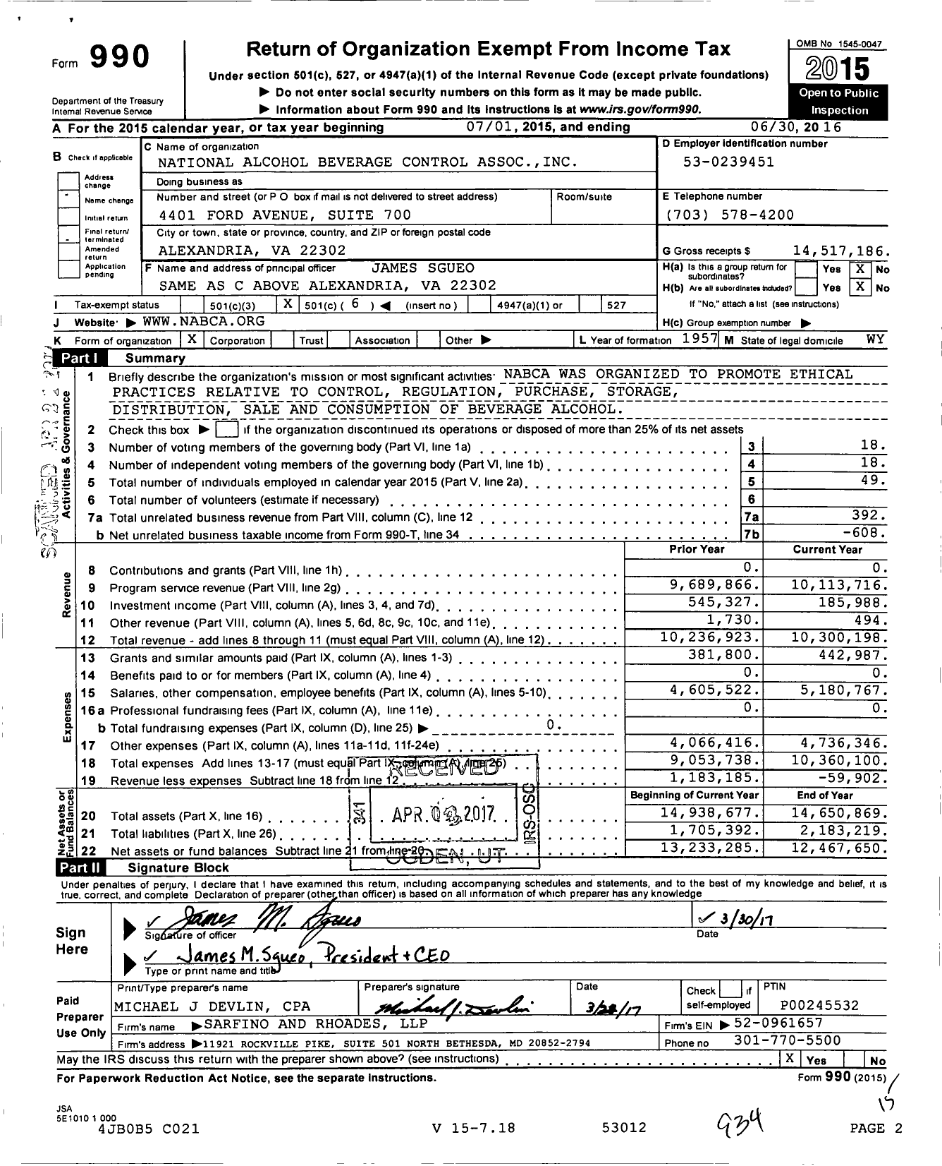 Image of first page of 2015 Form 990O for National Alcohol Beverage Control Association (NABCA)