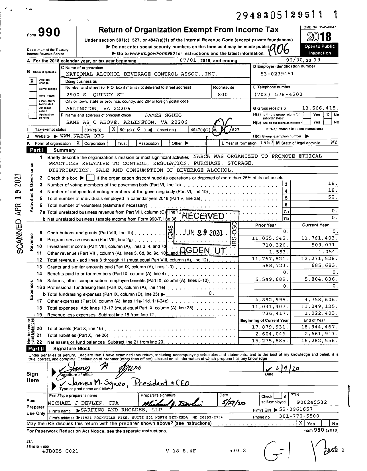 Image of first page of 2018 Form 990O for National Alcohol Beverage Control Association (NABCA)